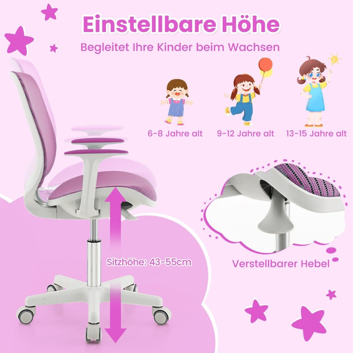 Una silla rosa de altura ajustable. El texto muestra rangos de edad y ajuste de altura. Se muestran ilustraciones de niños.