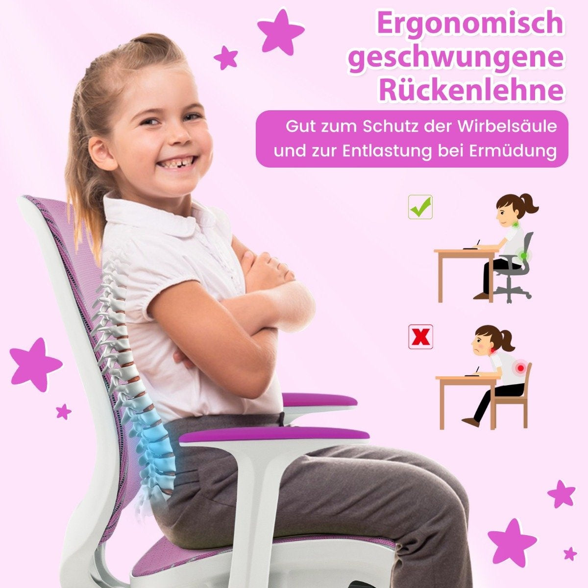 Una niña sentada en una silla ergonómica. La imagen muestra la columna vertebral y texto sobre soporte lumbar.