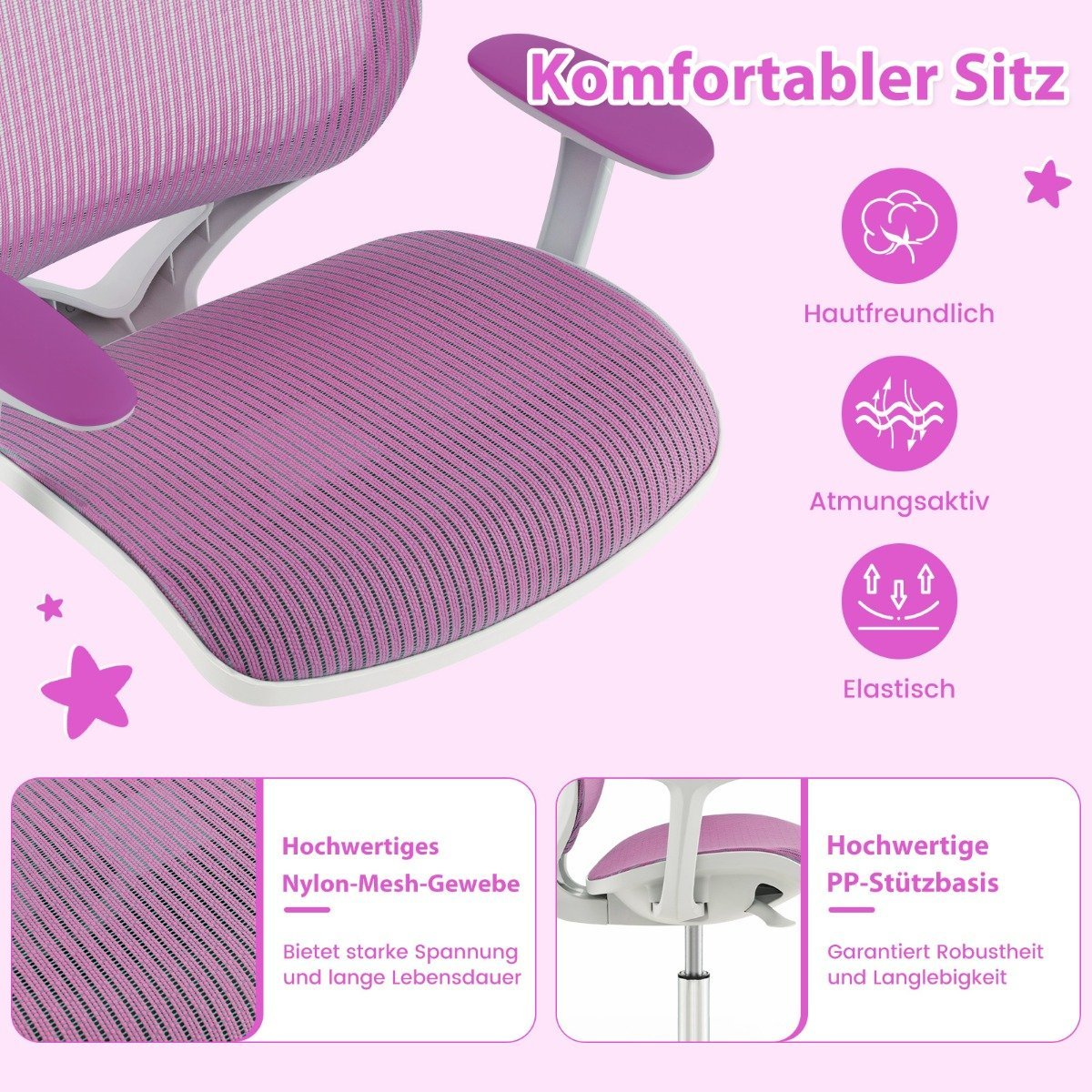 Primer plano de una silla de oficina de malla rosa. Los detalles muestran el asiento, los reposabrazos y una sección que destaca la tela de malla de nailon.
