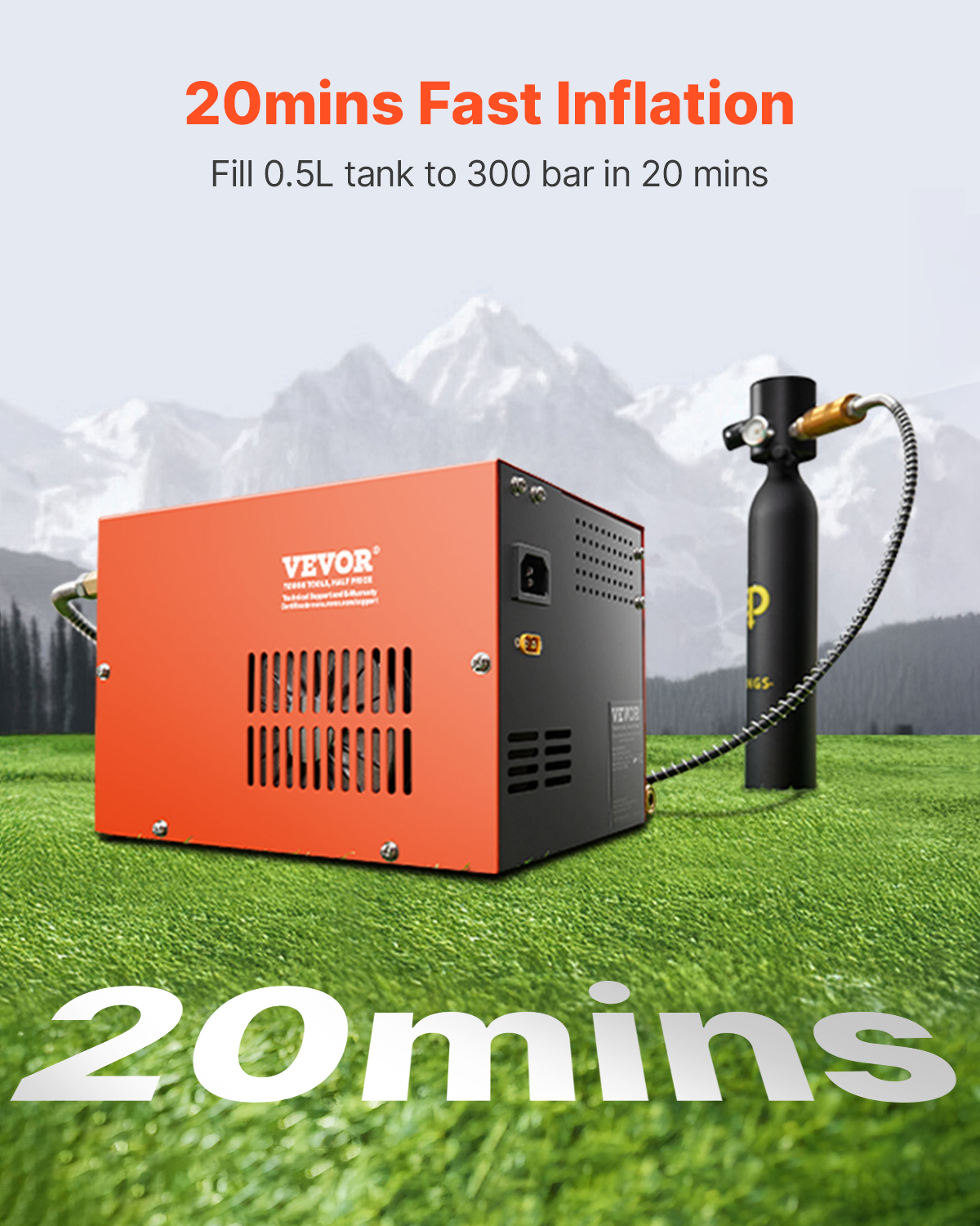 Ein orangefarbener und schwarzer Luftkompressor auf grünem Gras. Ein schwarzer Tank ist mit einem Schlauch verbunden. Text: '20mins Fast Inflation'.