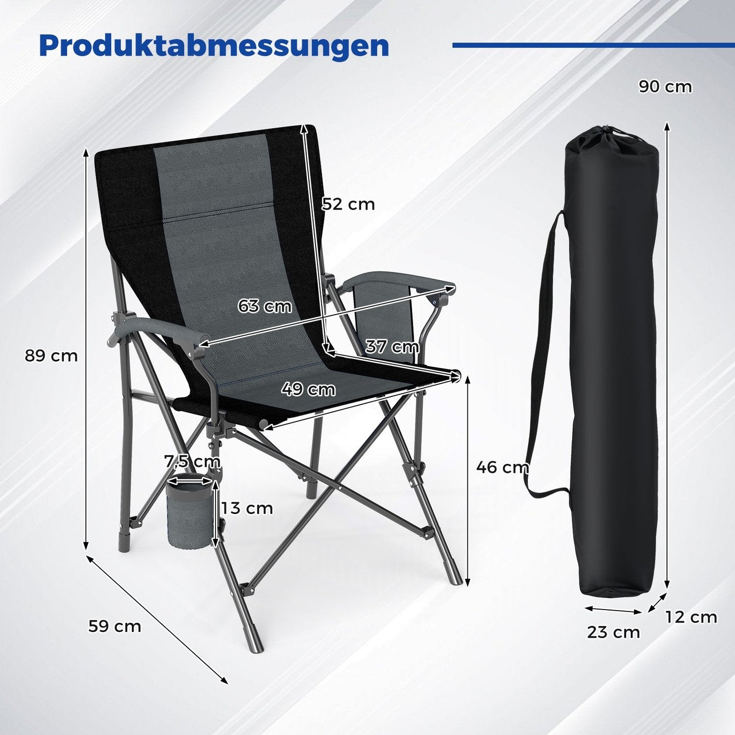 Una silla de camping plegable con dimensiones etiquetadas. Se muestra una bolsa de transporte negra a la derecha. Se muestran medidas en cm.