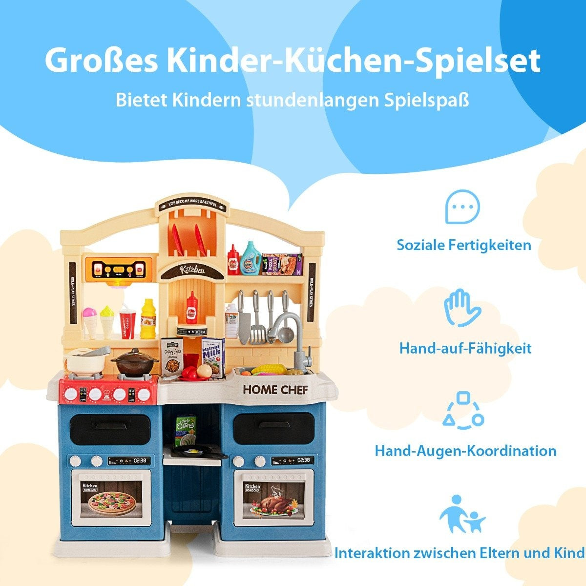 Un juego de cocina de juguete con accesorios como ollas, sartenes y alimentos. Tiene hornos y una estufa, con texto en alemán.