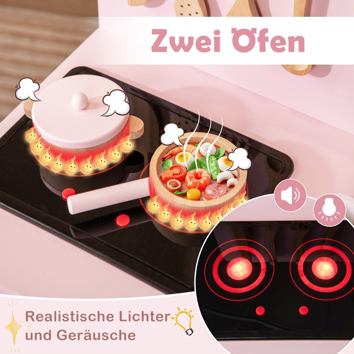 Un juego de cocina de juguete con una encimera rosa. Presenta una olla y una sartén con comida, llamas y efectos de vapor. Luces realistas.