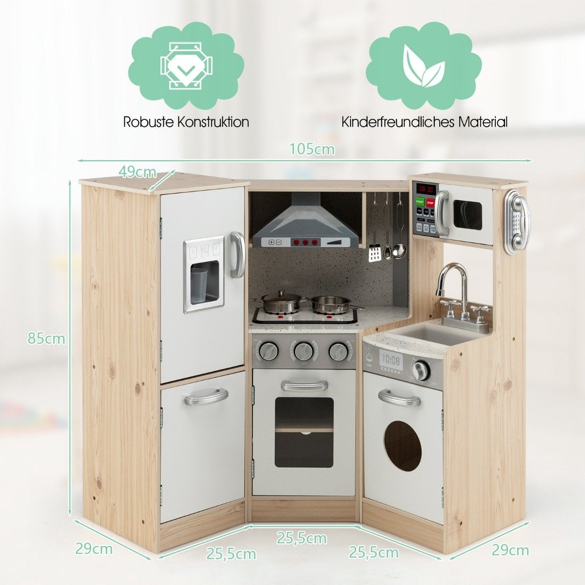Juego de cocina de juguete de madera con nevera, horno, microondas, fregadero y lavadora. El juego es marrón claro y blanco.