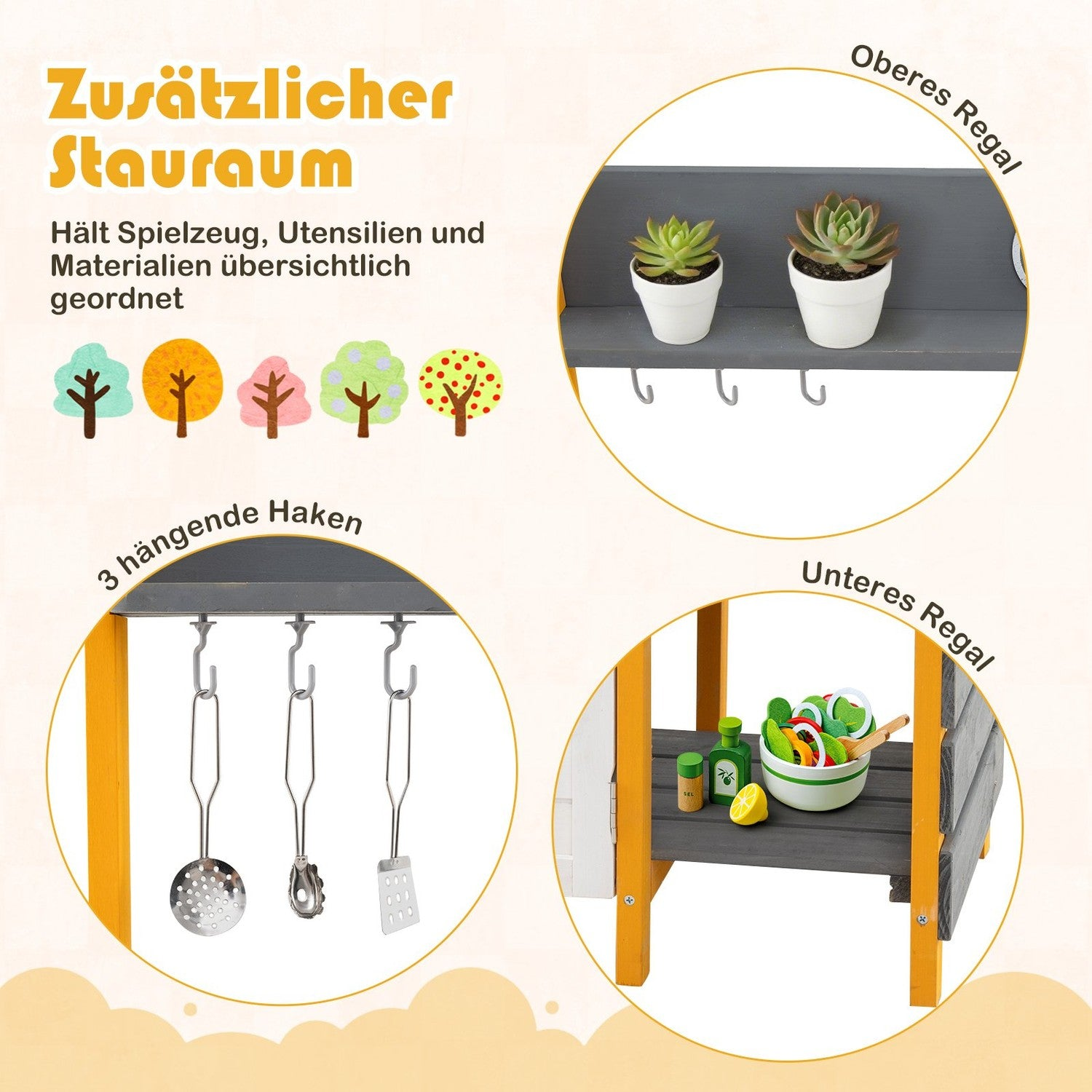 Una cocina de juguete para niños con estantes, ganchos y utensilios. Incluye suculentas, comida de juguete y espacio de almacenamiento. Colores amarillo y gris.