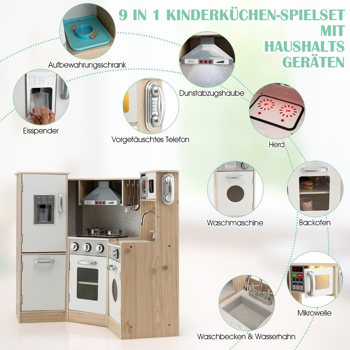 Un juego de cocina infantil con múltiples electrodomésticos, incluyendo nevera, cocina, microondas y fregadero, de madera.