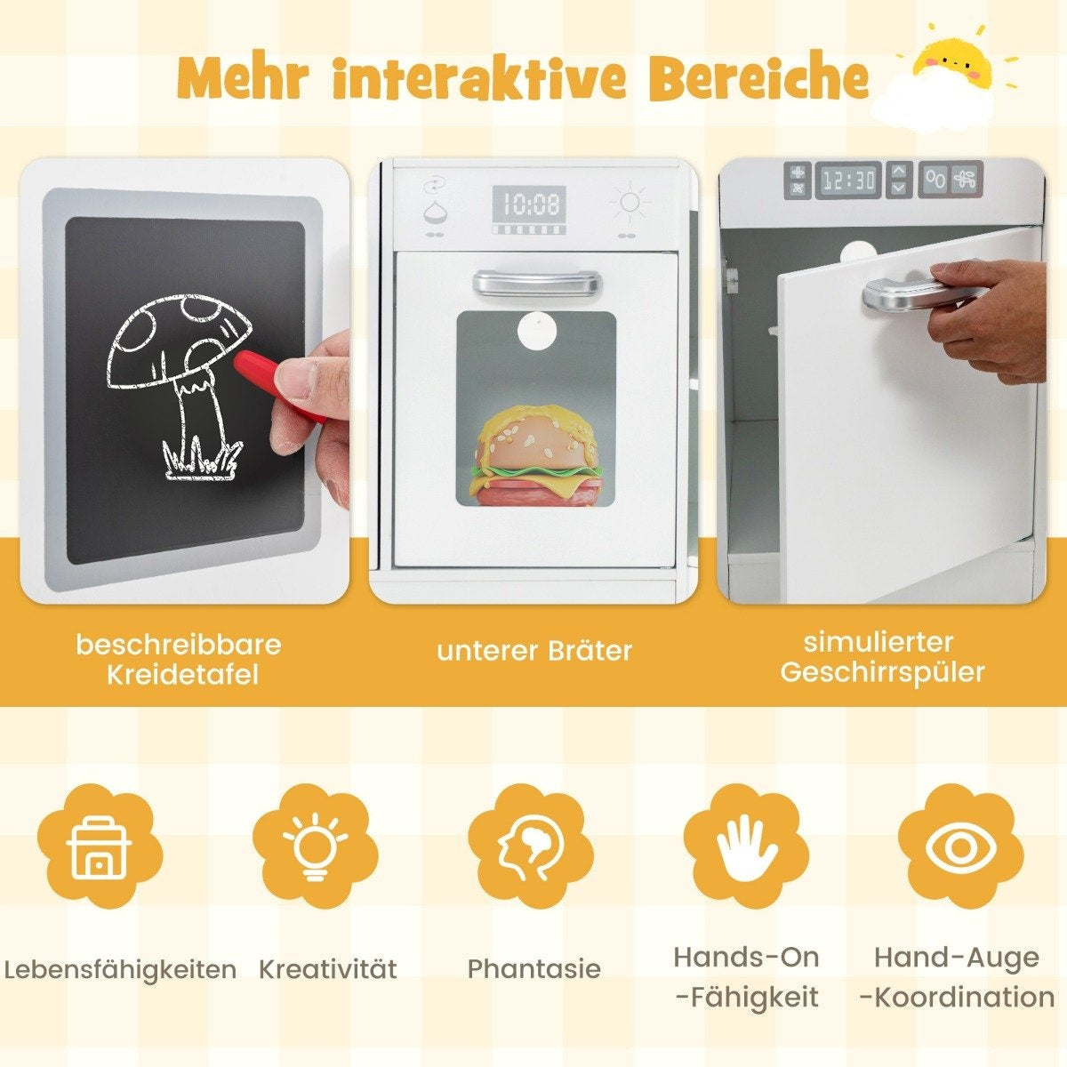 La imagen muestra electrodomésticos de juguete interactivos: una pizarra dibujando una seta, un horno de juguete con una hamburguesa y un lavavajillas.