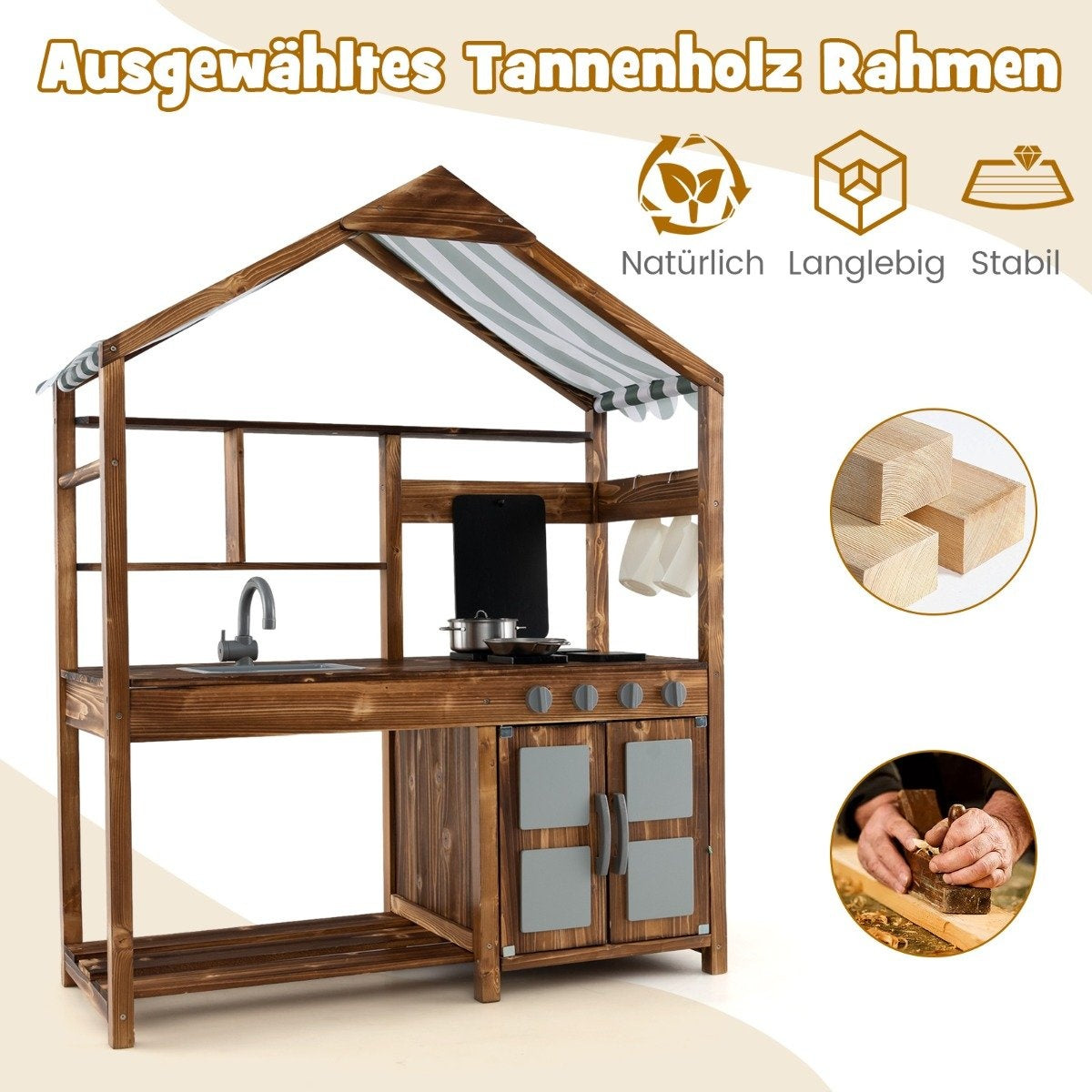 Cocina de juguete de madera con fregadero, estufa y almacenamiento. Tiene un toldo a rayas y varios iconos. El fondo es blanco.