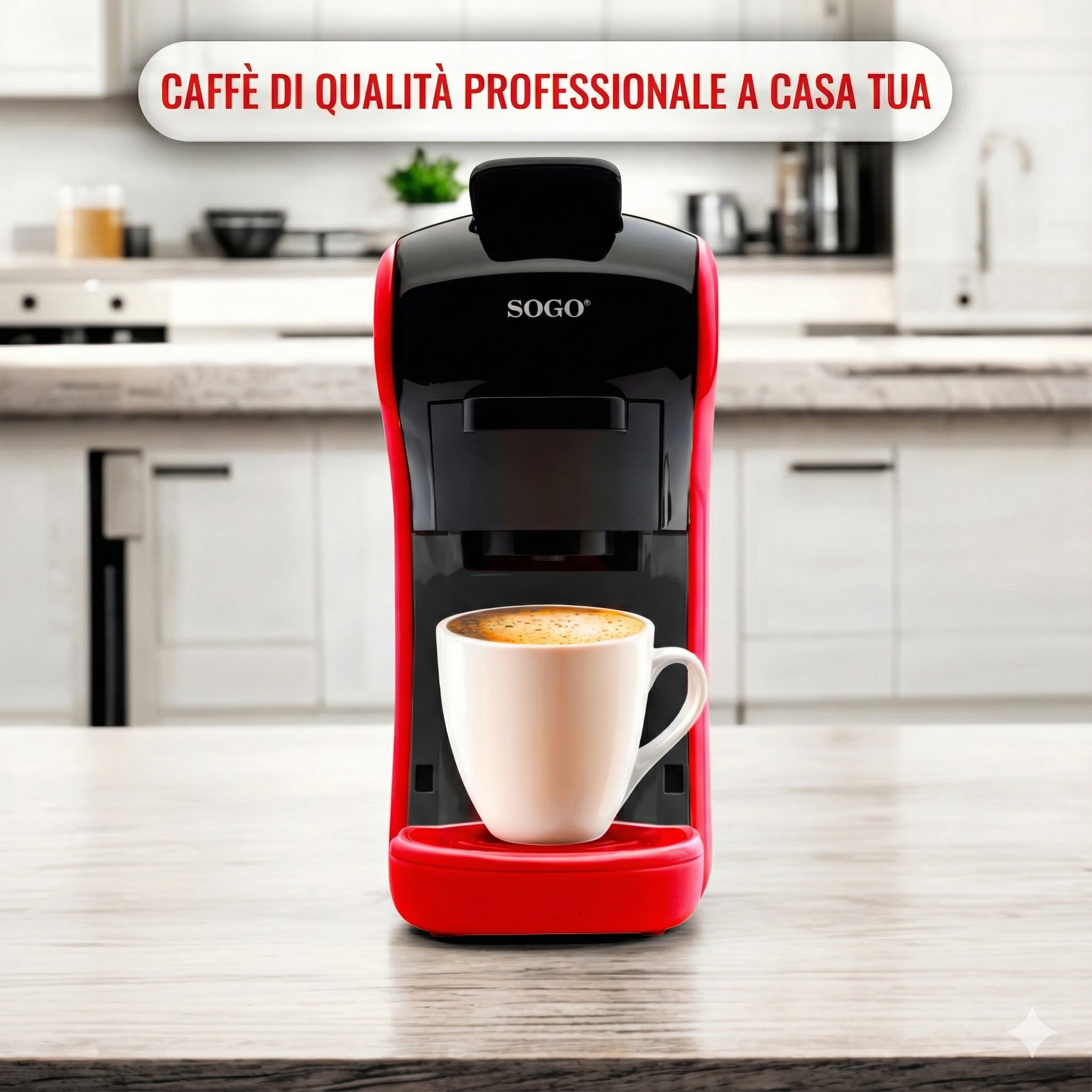 Una macchina da caffè SOGO rossa e nera con una tazza di caffè bianca su un tavolo di legno. Lo sfondo è una cucina.