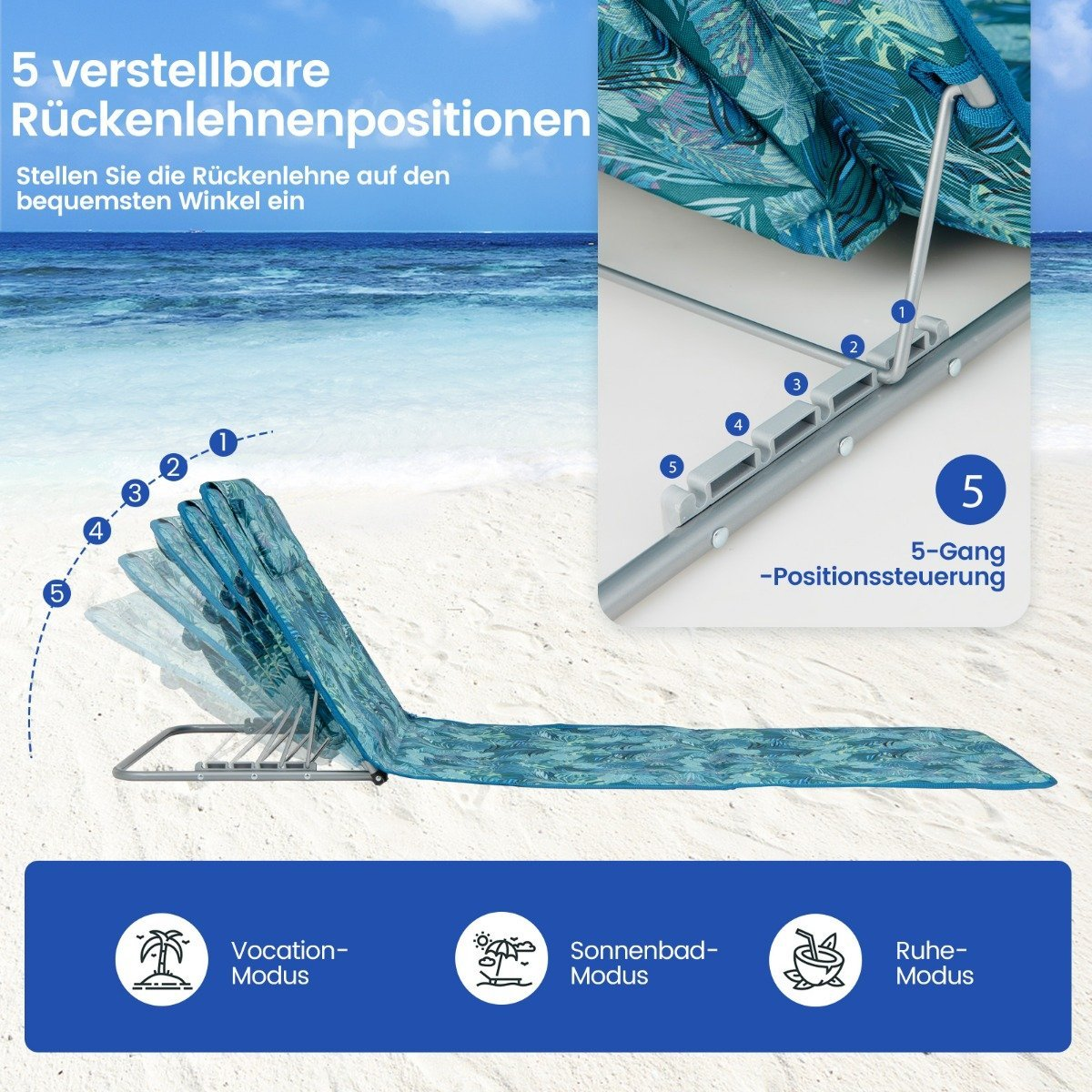 Silla de playa con posiciones de respaldo ajustables. Muestra diferentes ángulos reclinables en una playa con vista al mar.