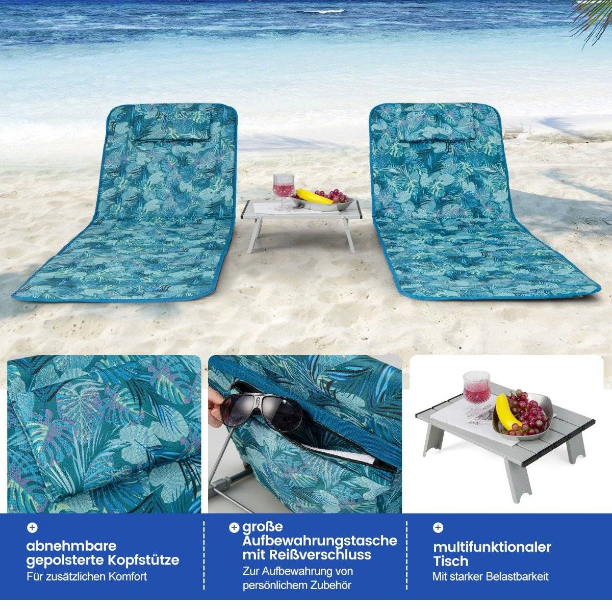 Dos sillas de playa con estampados florales, una mesita con bebidas y fruta, en una playa arenosa con el océano al fondo.