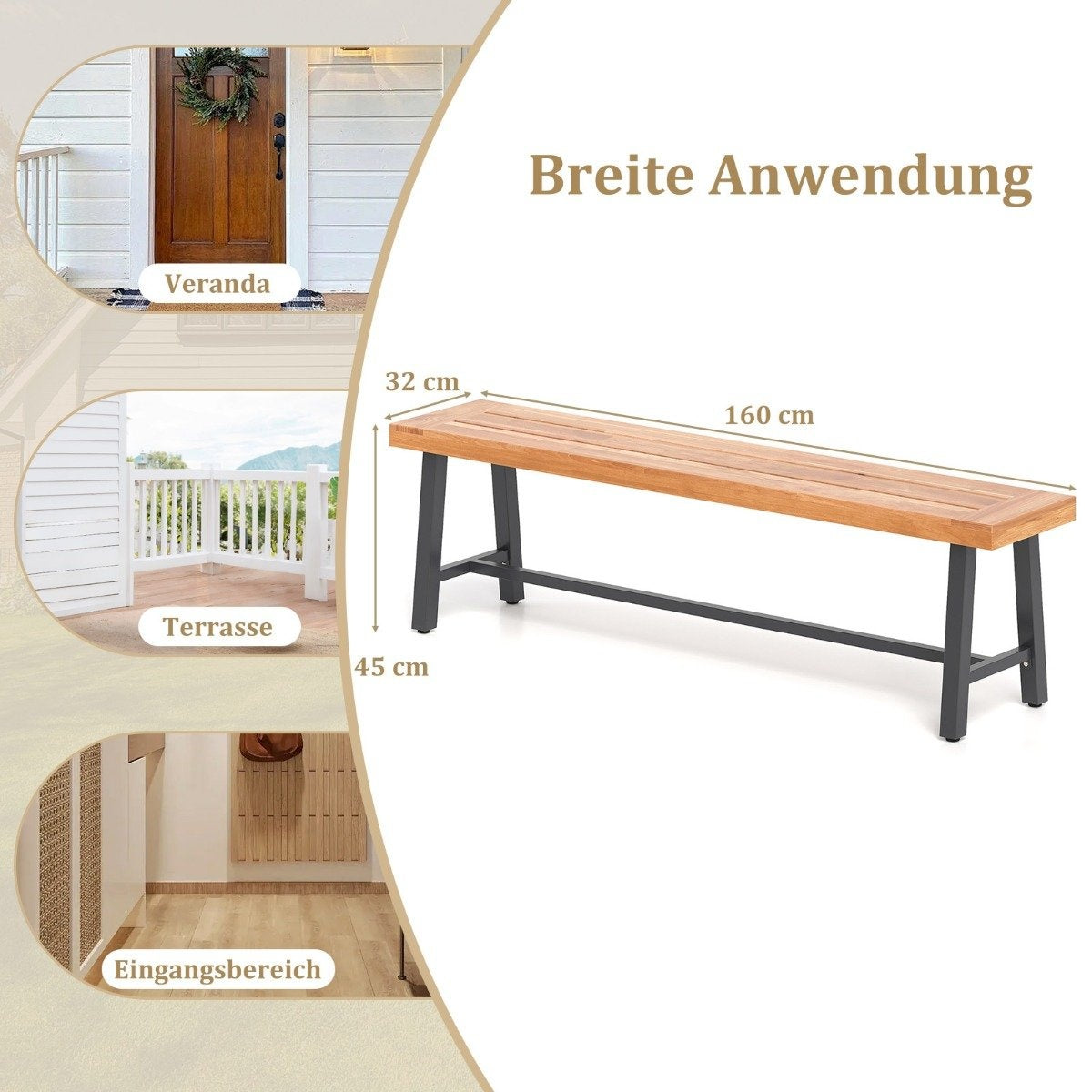 Houten bank met zwarte metalen poten. Afmetingen: 160 cm lang, 32 cm breed, 45 cm hoog. Tekst: "Breite Anwendung".