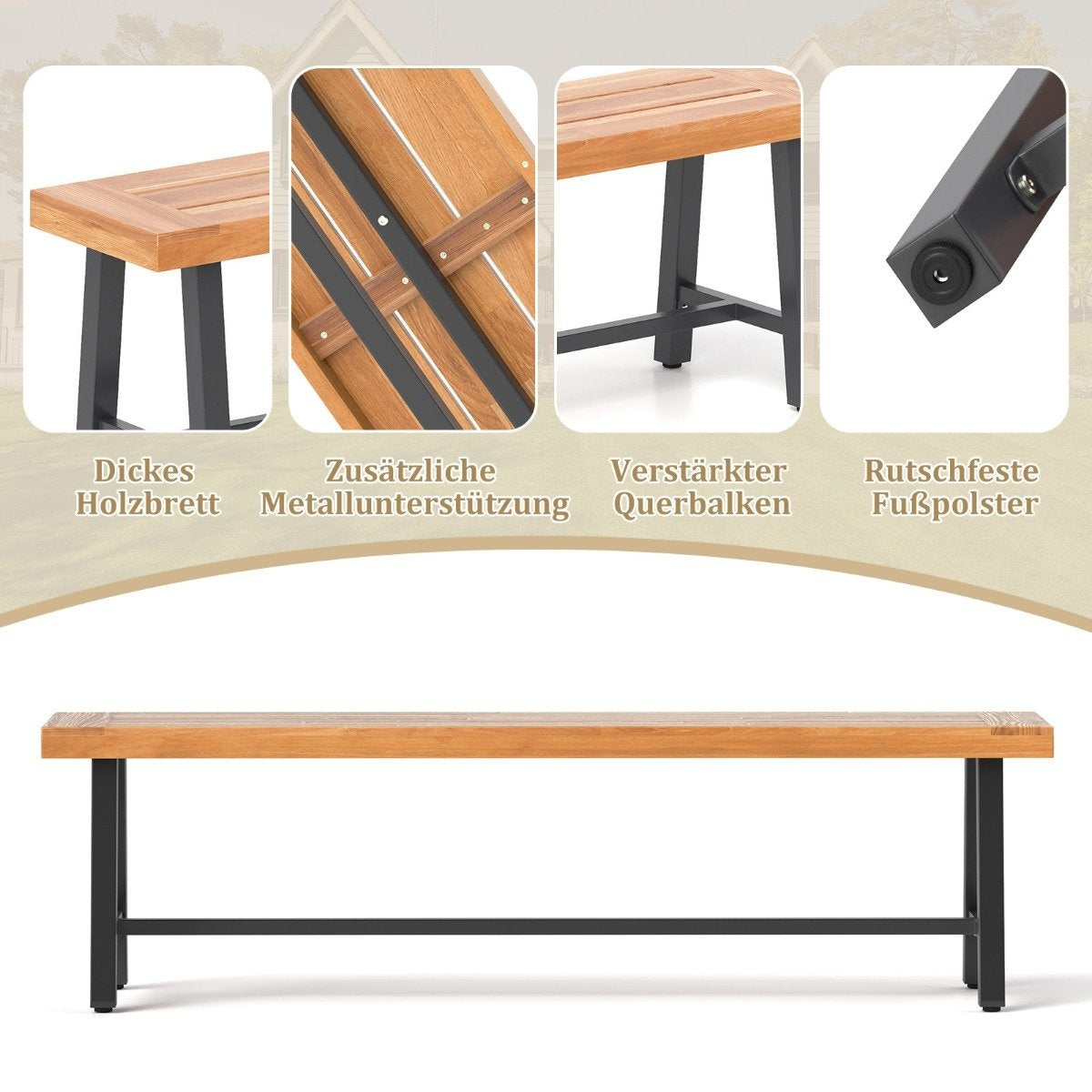 Houten bank met zwarte metalen poten. Details tonen de dikke houten plank, metalen steun en antislip voetkussens.