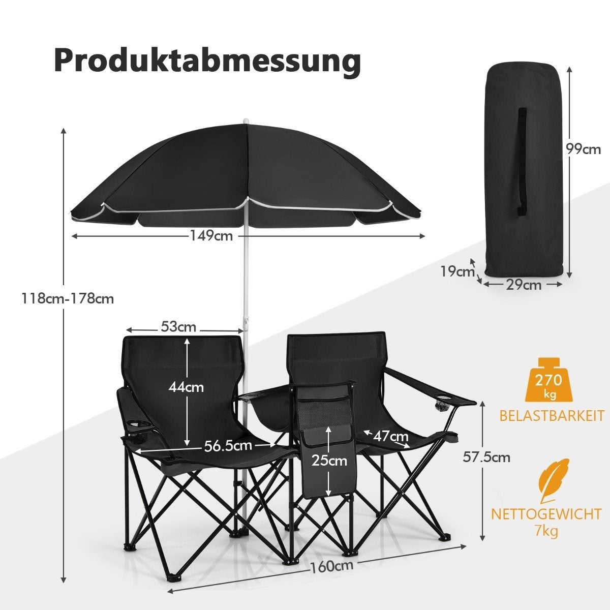 Producto con dimensiones mostradas, incluyendo una sombrilla negra, dos sillas y una bolsa de transporte. Las medidas están en cm y kg.