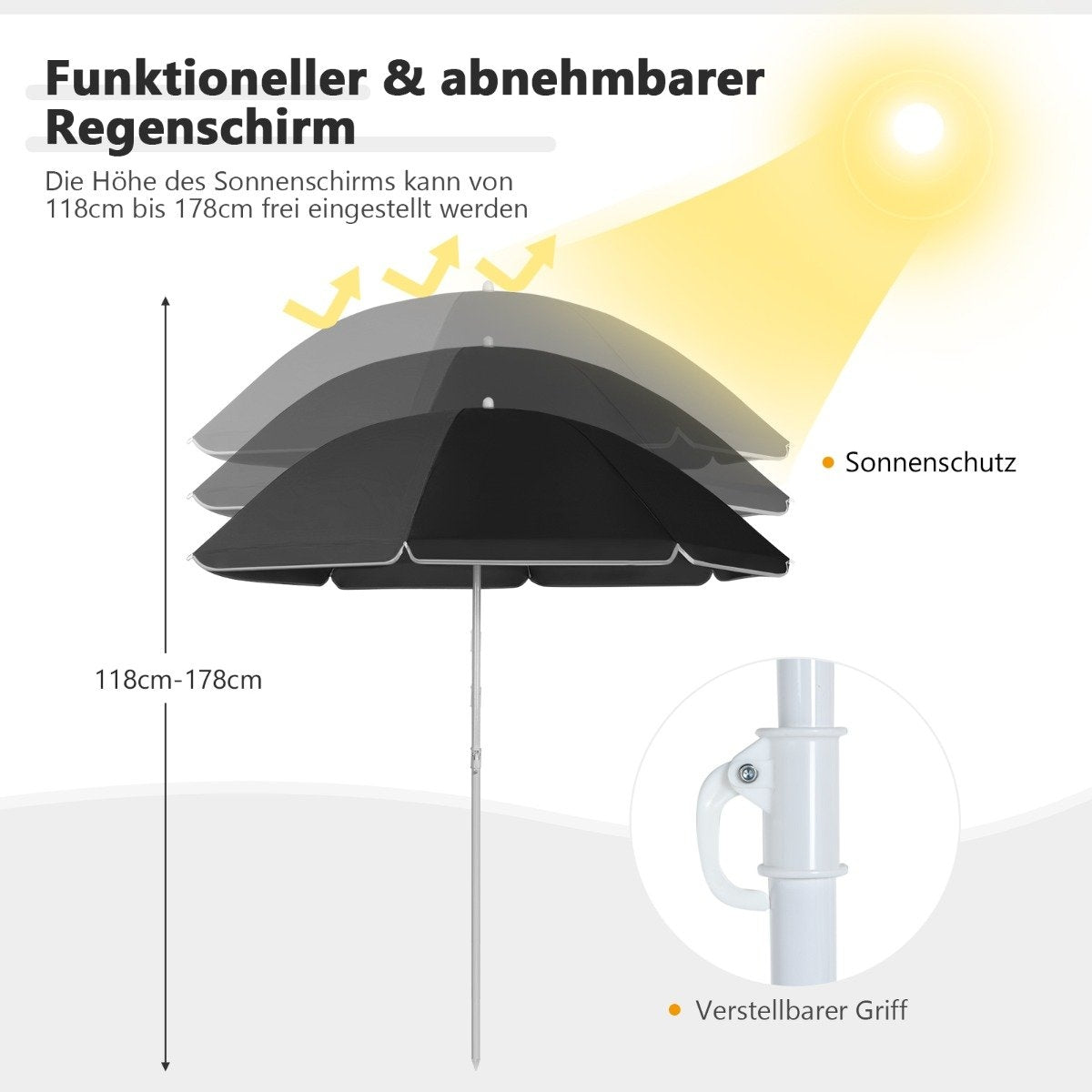 Una sombrilla negra y blanca con altura ajustable. El texto en alemán muestra el rango de altura. Se ven rayos solares amarillos y un asa.