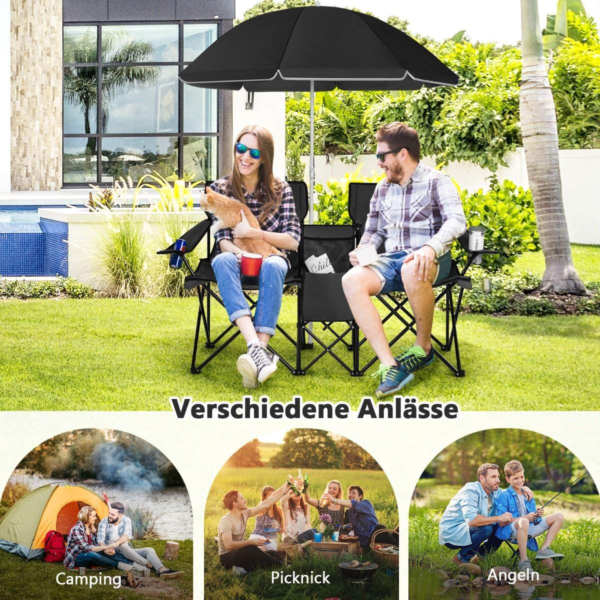 Una pareja sentada en sillas bajo una sombrilla. Uno sostiene un gato. La escena incluye césped, una piscina y texto: Camping, Picknick, Angeln.
