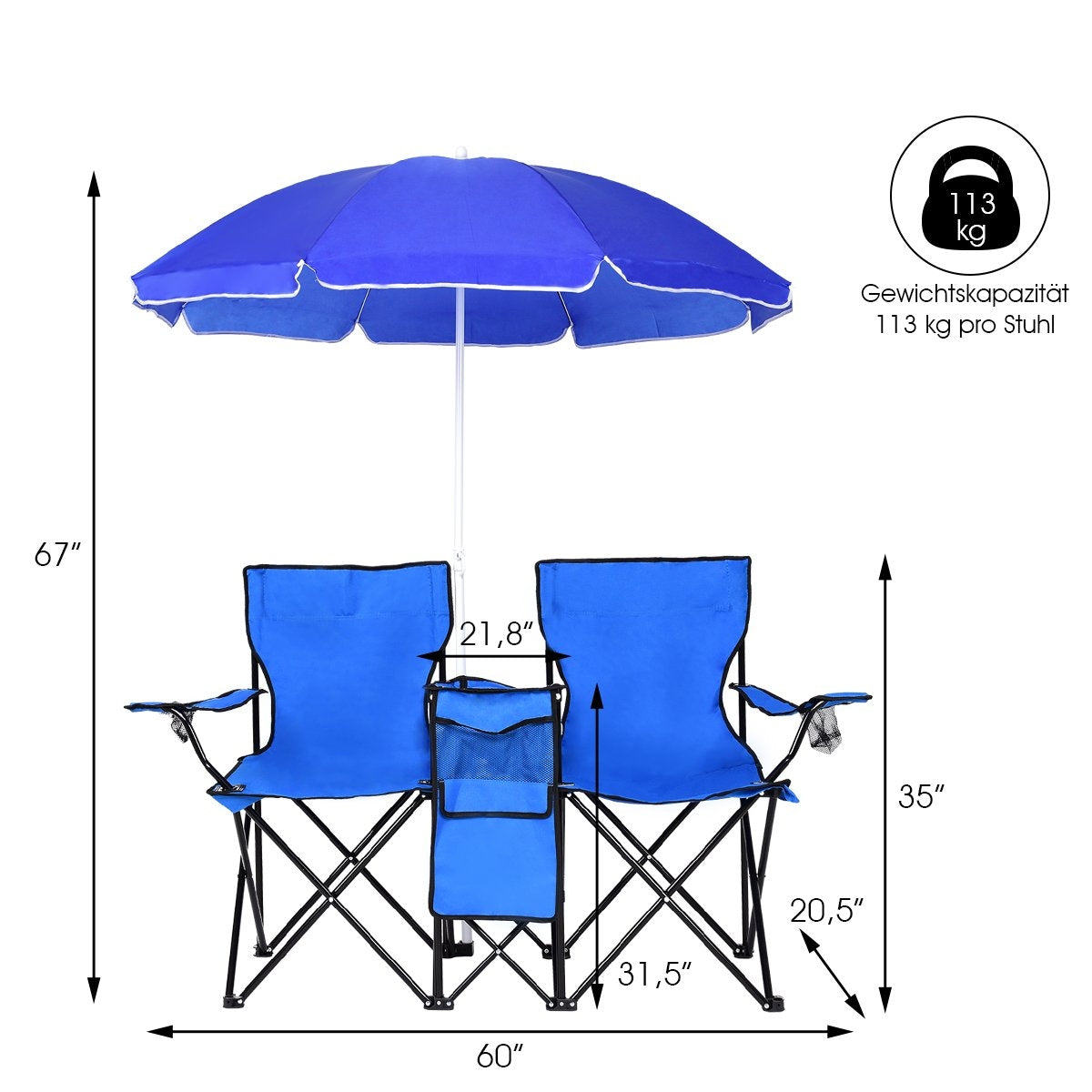 Sillas de playa azules con sombrilla. Las sillas tienen una bolsa de almacenamiento central. Las dimensiones se muestran con medidas.