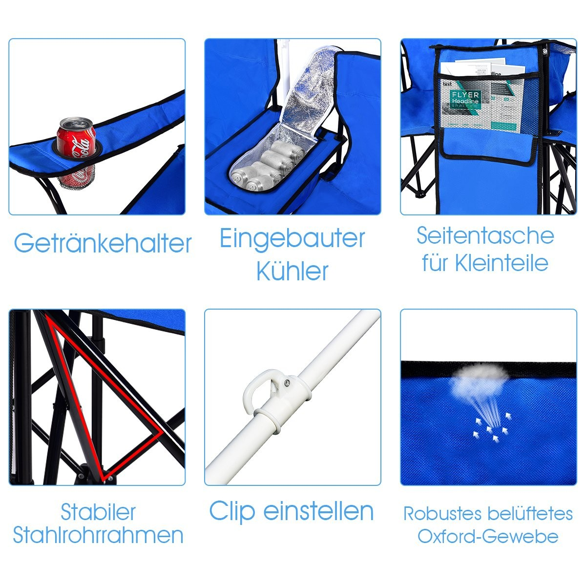 La imagen muestra una silla de camping azul con portavasos, nevera, bolsillo lateral, estructura de acero, clip y tejido Oxford.