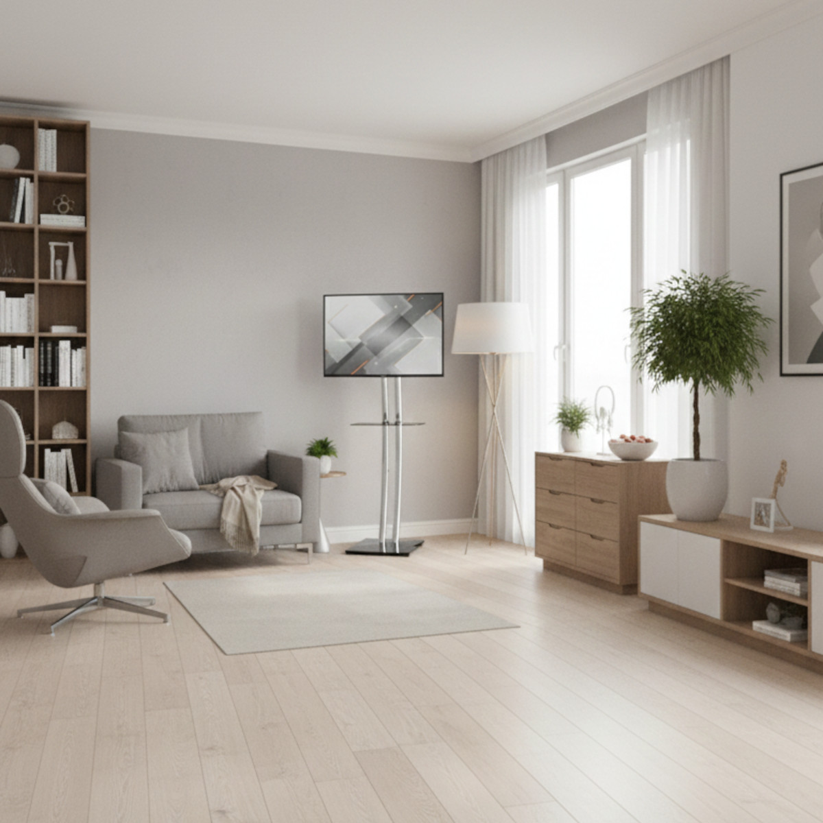 Ein modernes Wohnzimmer mit Fernseher, grauem Sofa, Holzmöbeln, einer Pflanze und großen Fenstern mit weißen Vorhängen.