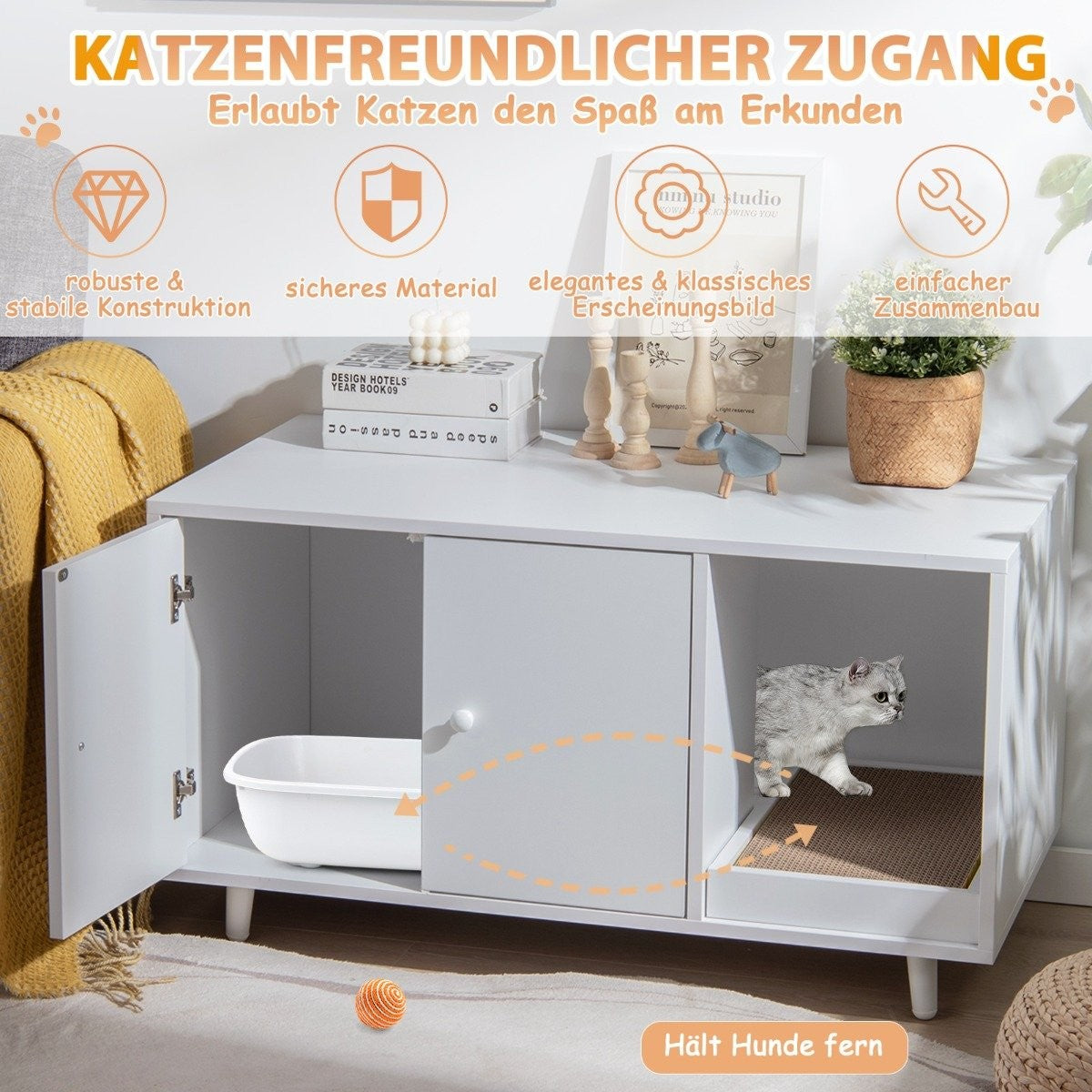 Un mueble blanco para gatos con puerta abierta, un gato dentro. Tiene una caja de arena y una esterilla rascadora. El texto dice: 'Mantiene a los perros alejados'.