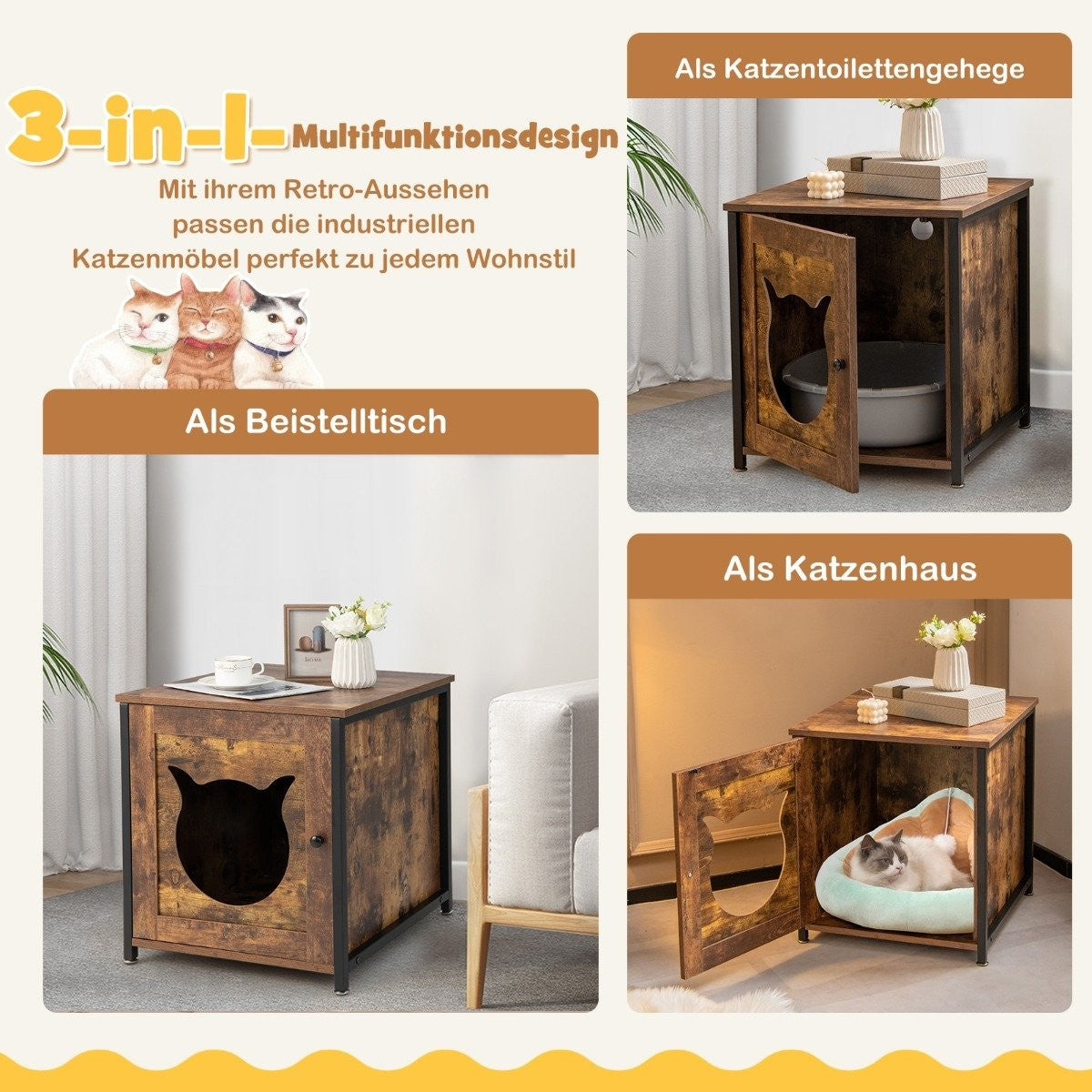 Se muestra un mueble multifuncional para gatos que sirve como mesa auxiliar, recinto para arenero y casa para gatos. Está hecho de madera.
