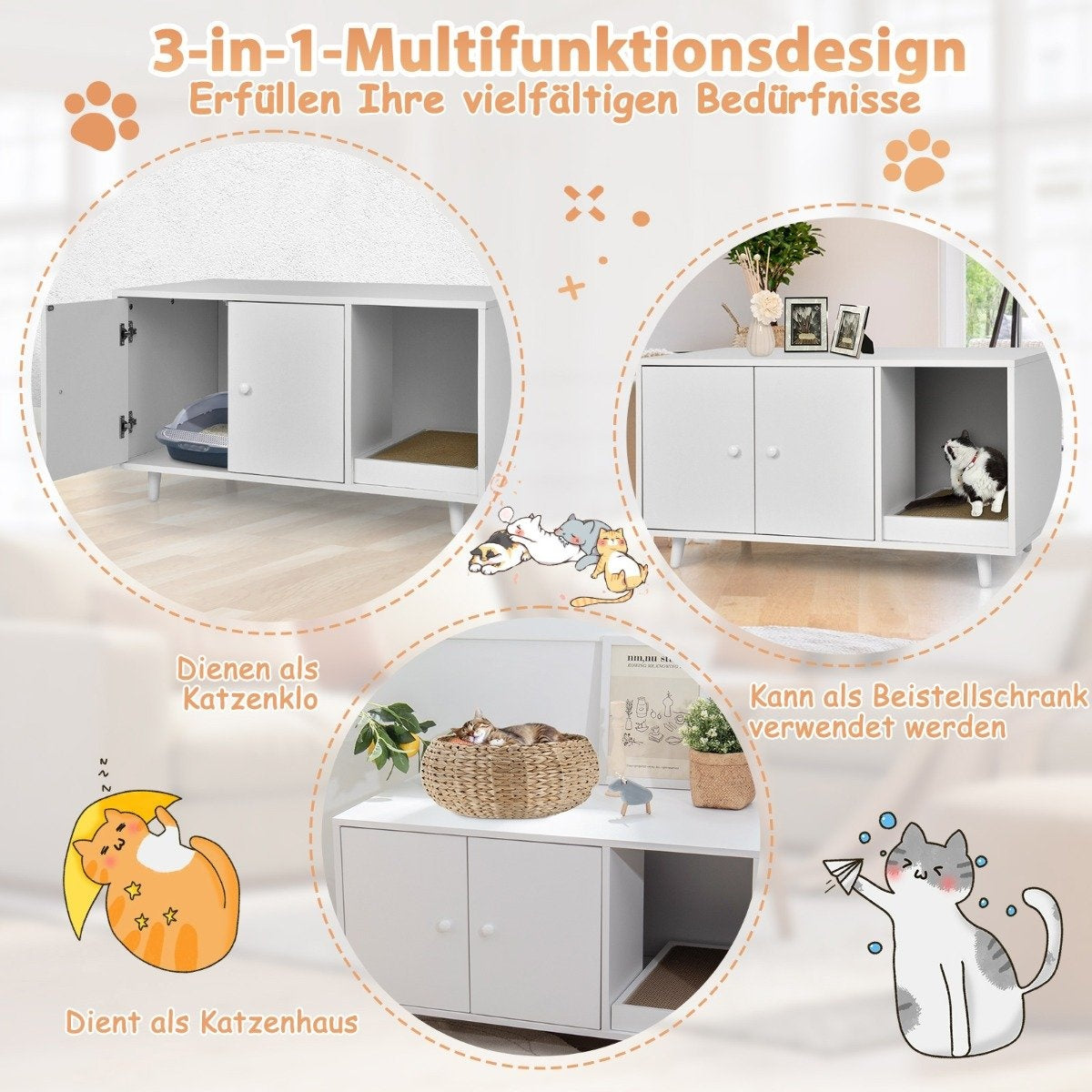 Unidad de mueble blanco para gatos que muestra tres usos: inodoro para gatos, casa para gatos y armario lateral. Incluye gatos e ilustraciones.