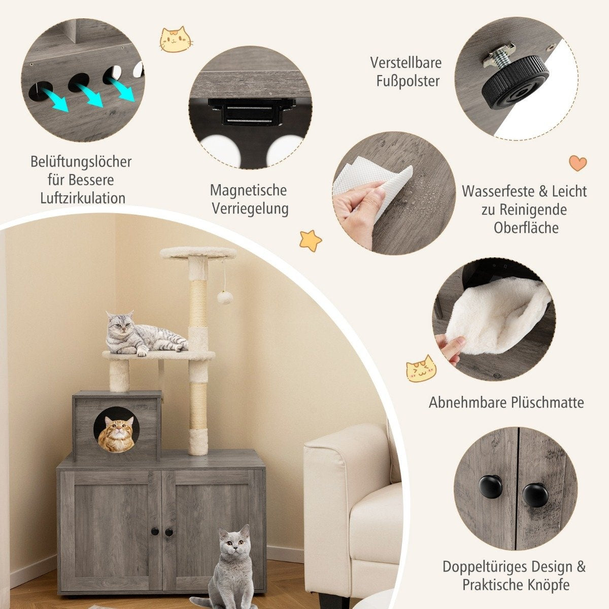 Un árbol para gatos gris con un gato encima, un gato en una caja y un gato en el suelo. Incluye orificios de ventilación y una alfombra de felpa.
