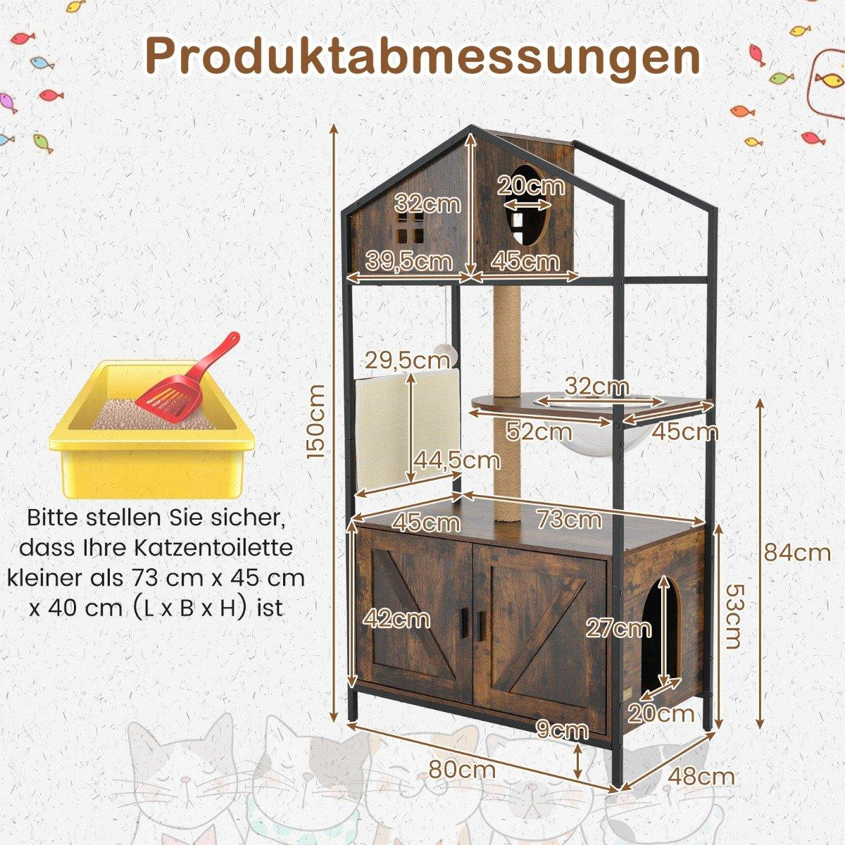 Árbol para gatos con dimensiones, arenero y texto en alemán: Produktabmessungen y dimensiones.