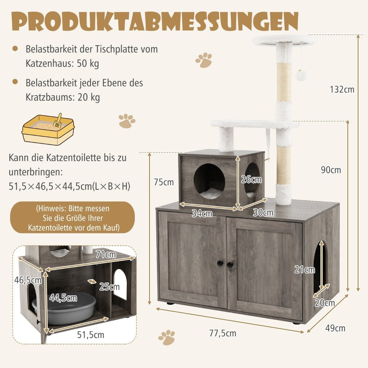 Árbol para gatos con dimensiones, incluyendo casa, poste rascador y espacio para arenero.