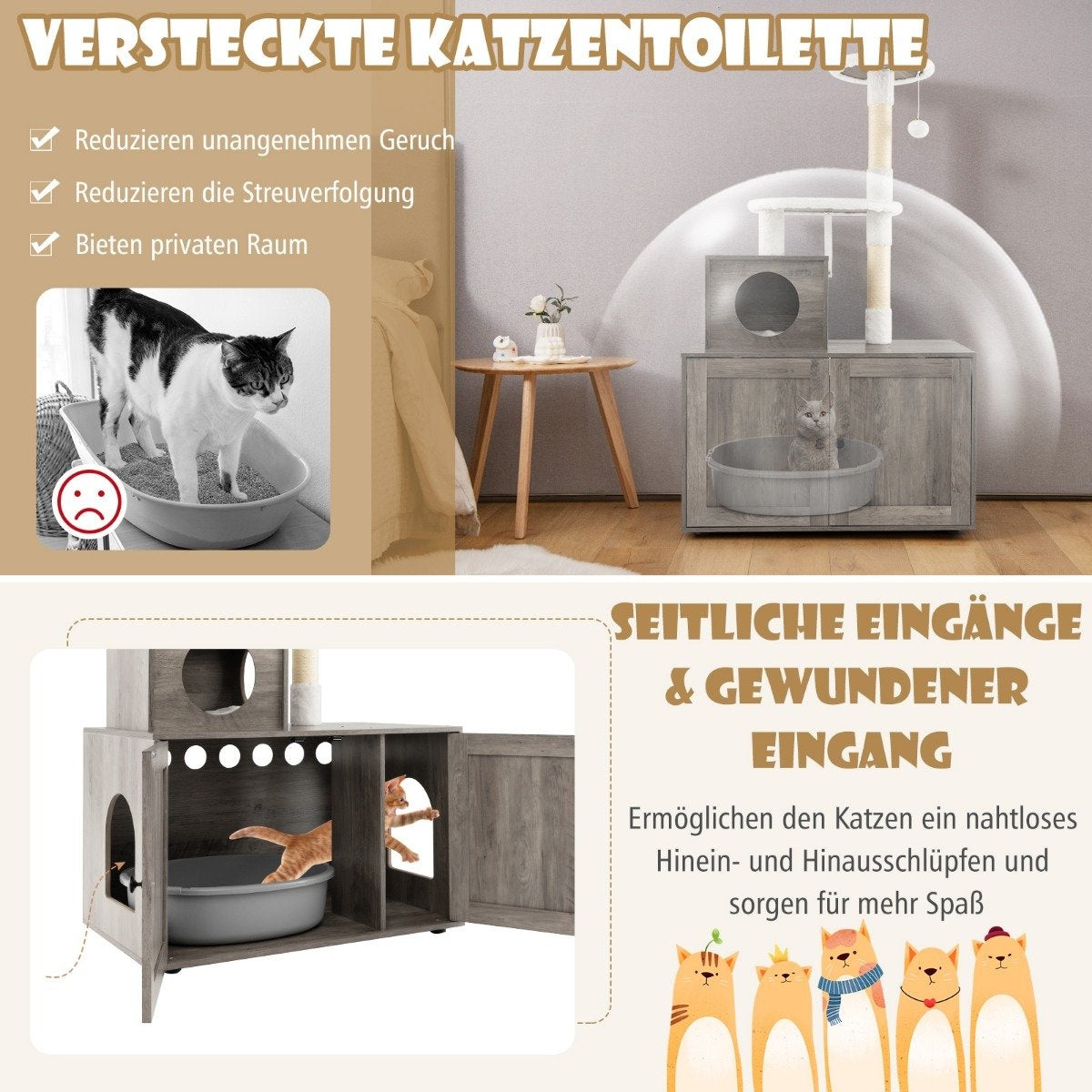 La imagen muestra un mueble para el baño de gatos con múltiples puntos de entrada. Hay gatos dentro y fuera. El texto anuncia sus beneficios.