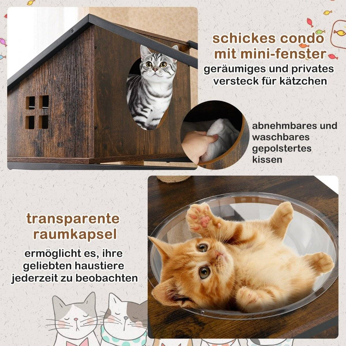 Una casa para gatos con un gato dentro y una cápsula transparente con un gato naranja dentro.