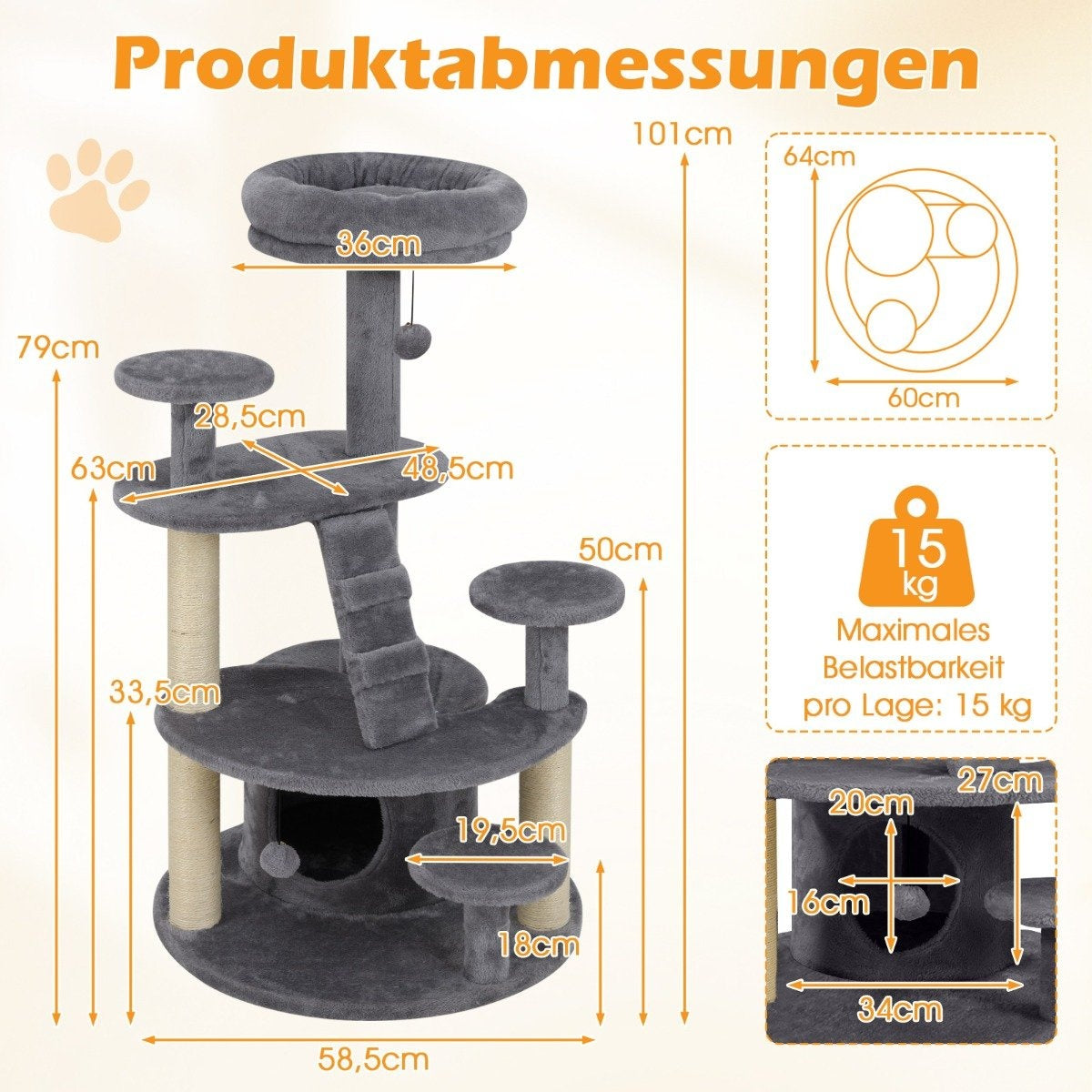Un árbol para gatos gris con múltiples niveles, plataformas y una cama superior, con dimensiones en centímetros.
