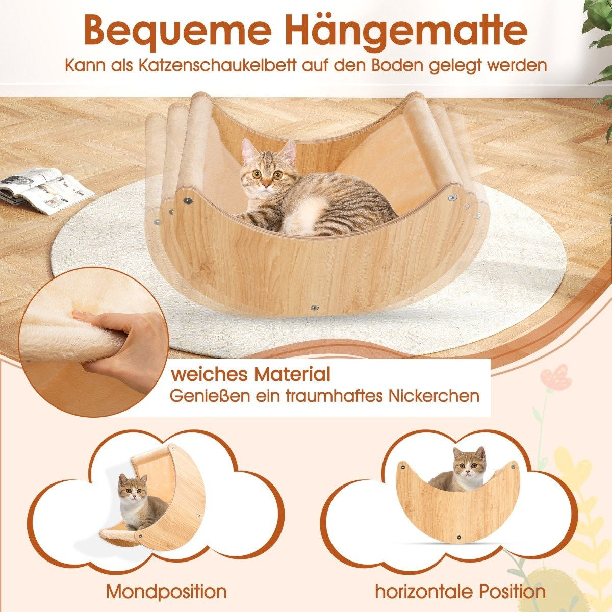 Un gato en una hamaca de madera. La imagen muestra el diseño y las características de la hamaca, con texto en alemán.