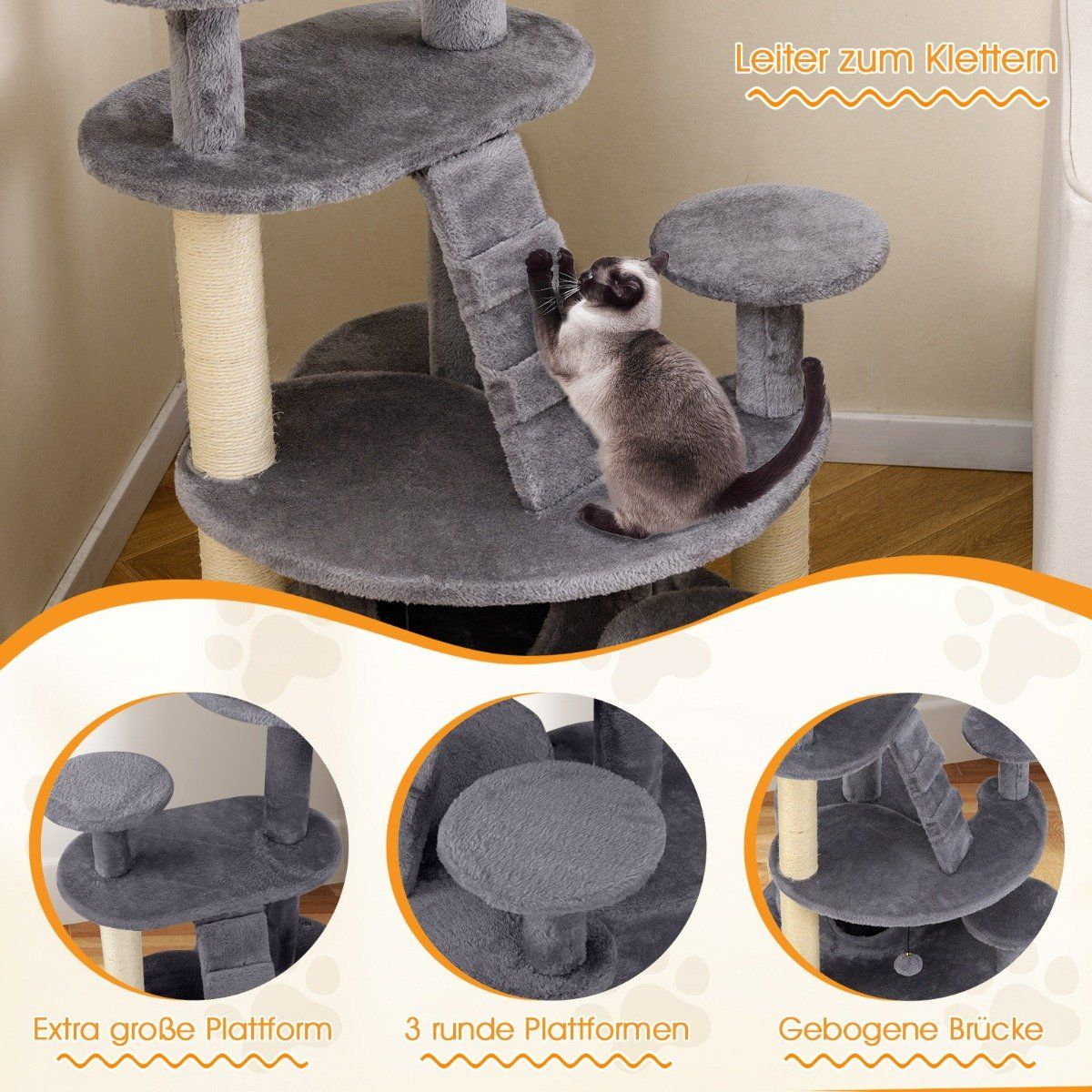 Un gato trepa por un árbol para gatos gris con múltiples plataformas, una escalera y un poste rascador de sisal. El gato tiene un pelaje marrón y blanco.