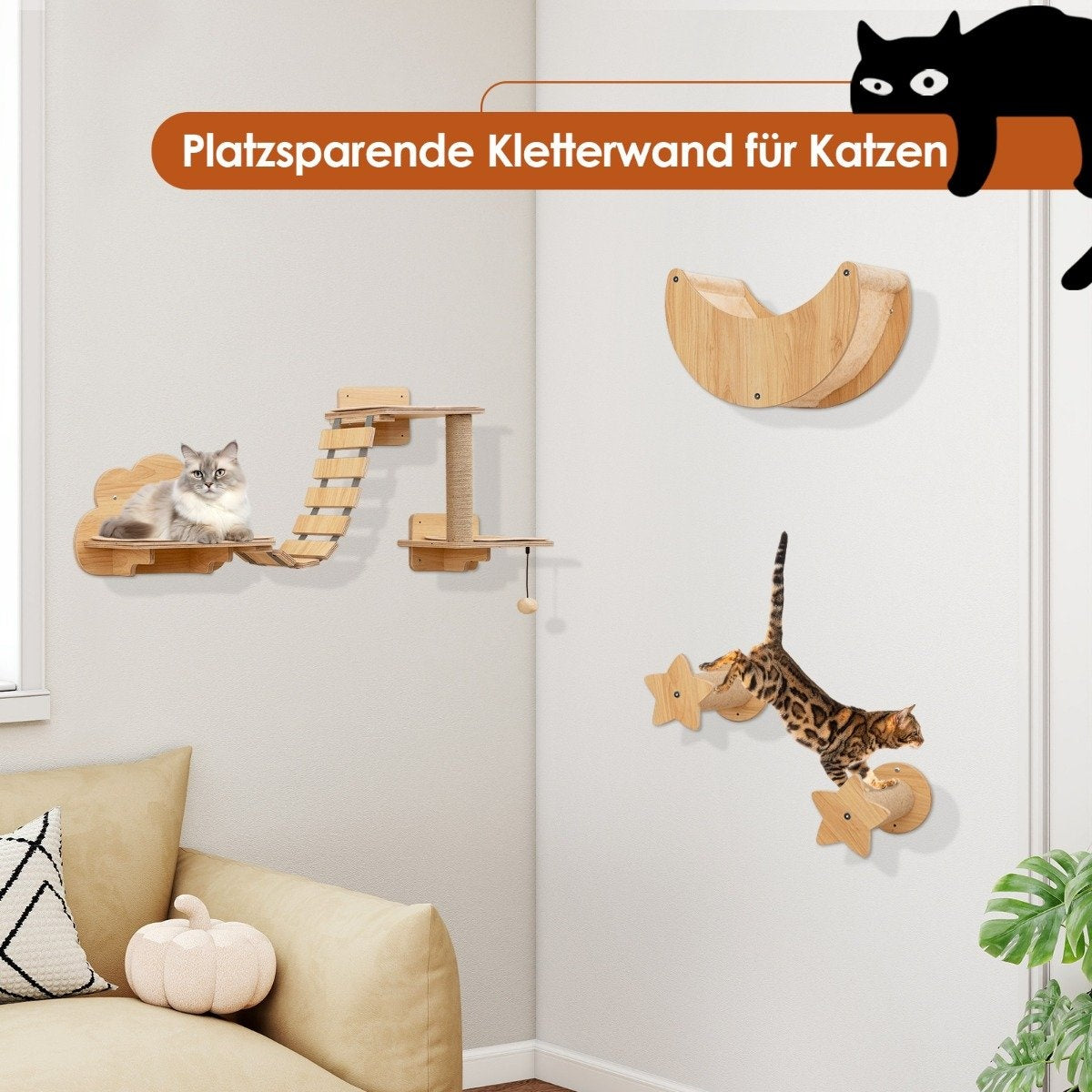 Un gato en un árbol para gatos montado en la pared con varias plataformas y una escalera. Otro gato sube en plataformas en forma de estrella.