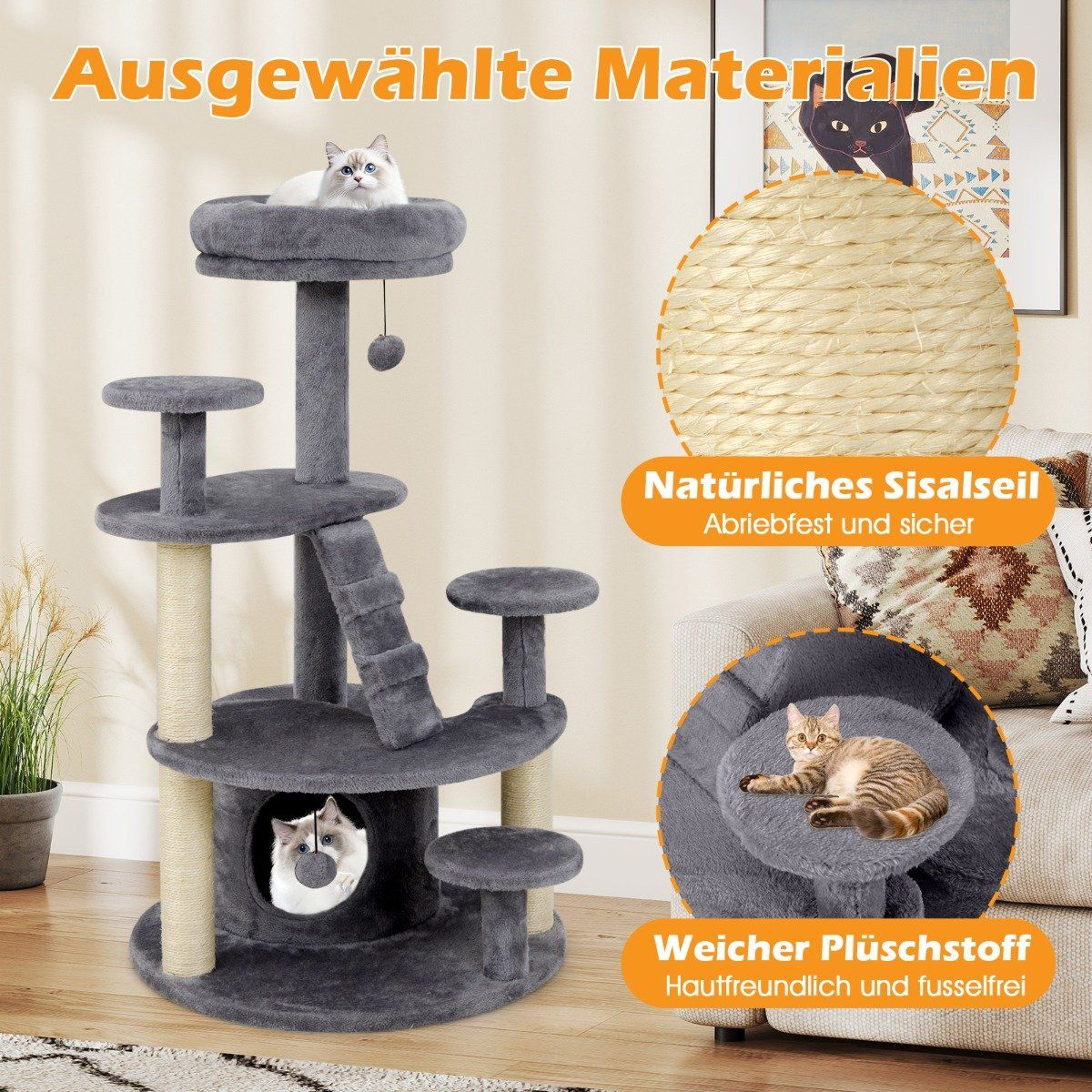 Un árbol para gatos gris con múltiples niveles y plataformas. Hay gatos arriba y en una cueva. Se muestra cuerda de sisal y felpa suave.