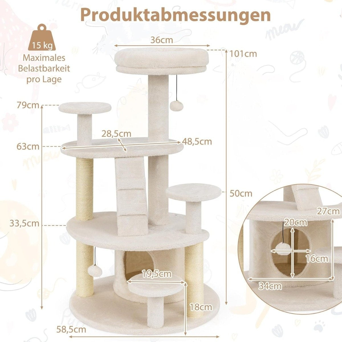 Un árbol para gatos beige con múltiples plataformas, una casa para gatos, postes rascadores y juguetes colgantes. Las dimensiones están etiquetadas en centímetros.