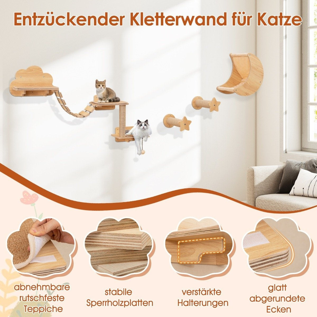 Muro de escalada para gatos de madera con dos gatos. Incluye escalones, plataformas y una cama en forma de luna. Cuenta con alfombras antideslizantes y bordes redondeados.
