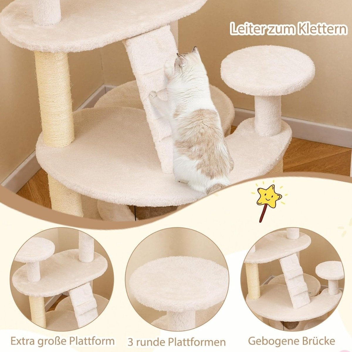 Un gato sube a un árbol para gatos beige con múltiples plataformas, postes rascadores y una escalera. El gato es blanco y marrón.