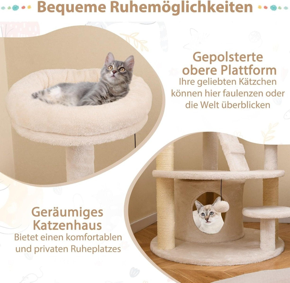 Un árbol para gatos con dos gatos. Uno está en una plataforma superior, el otro en una casa. El árbol es beige y tiene postes.