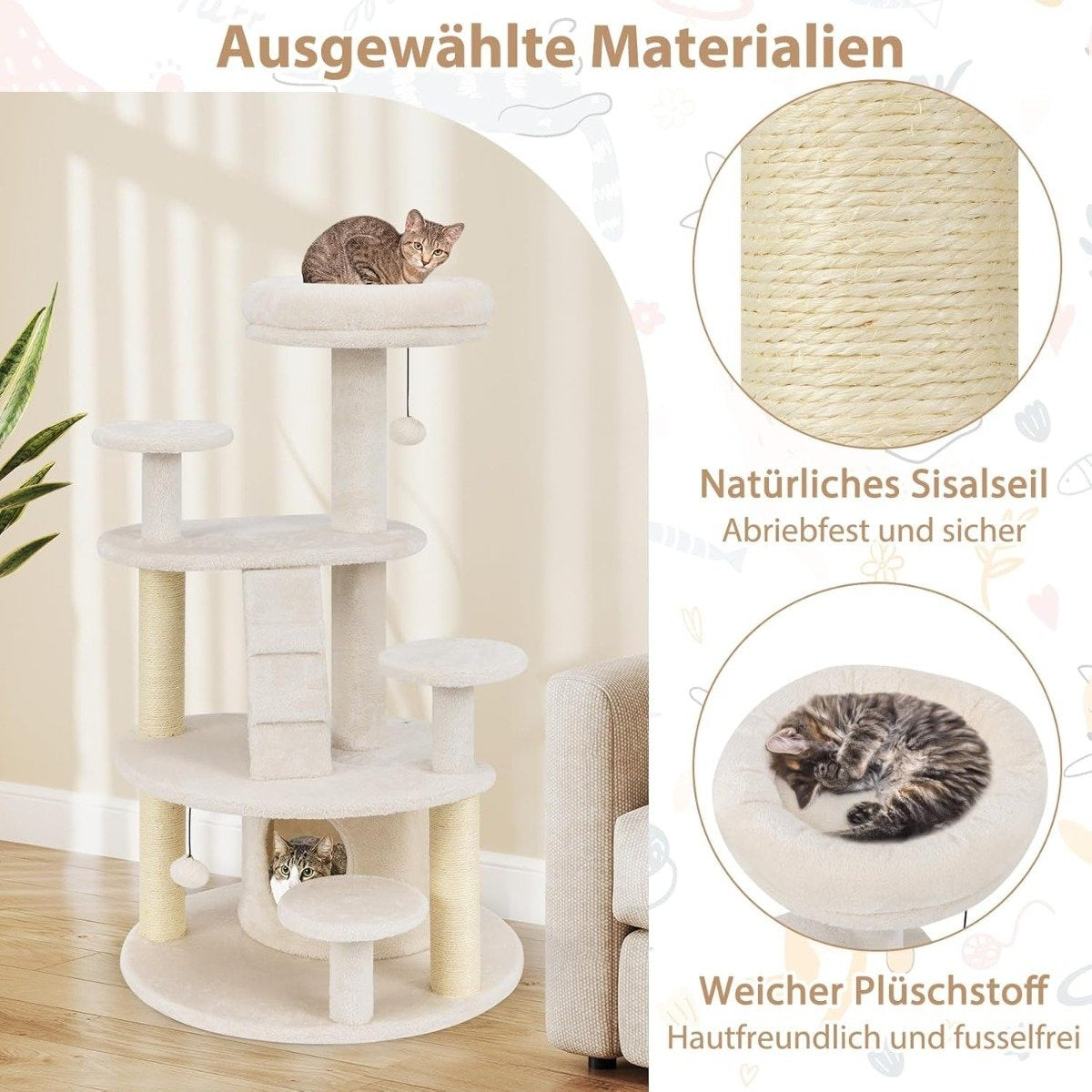 Un árbol para gatos beige con dos gatos. Uno está en la plataforma superior, el otro dentro. El árbol tiene cuerda de sisal y felpa suave.