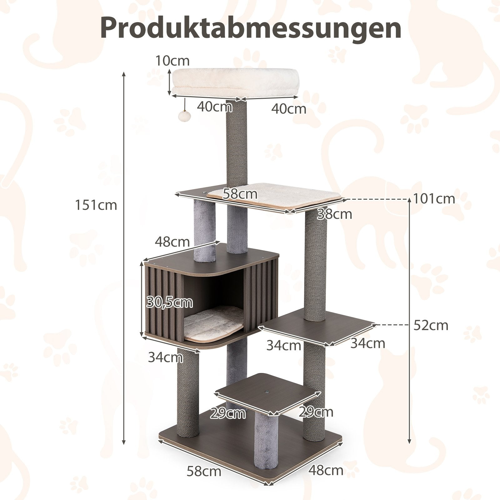 Árbol para gatos con niveles y medidas. Con postes rascadores, plataformas y cama. Beige y gris.
