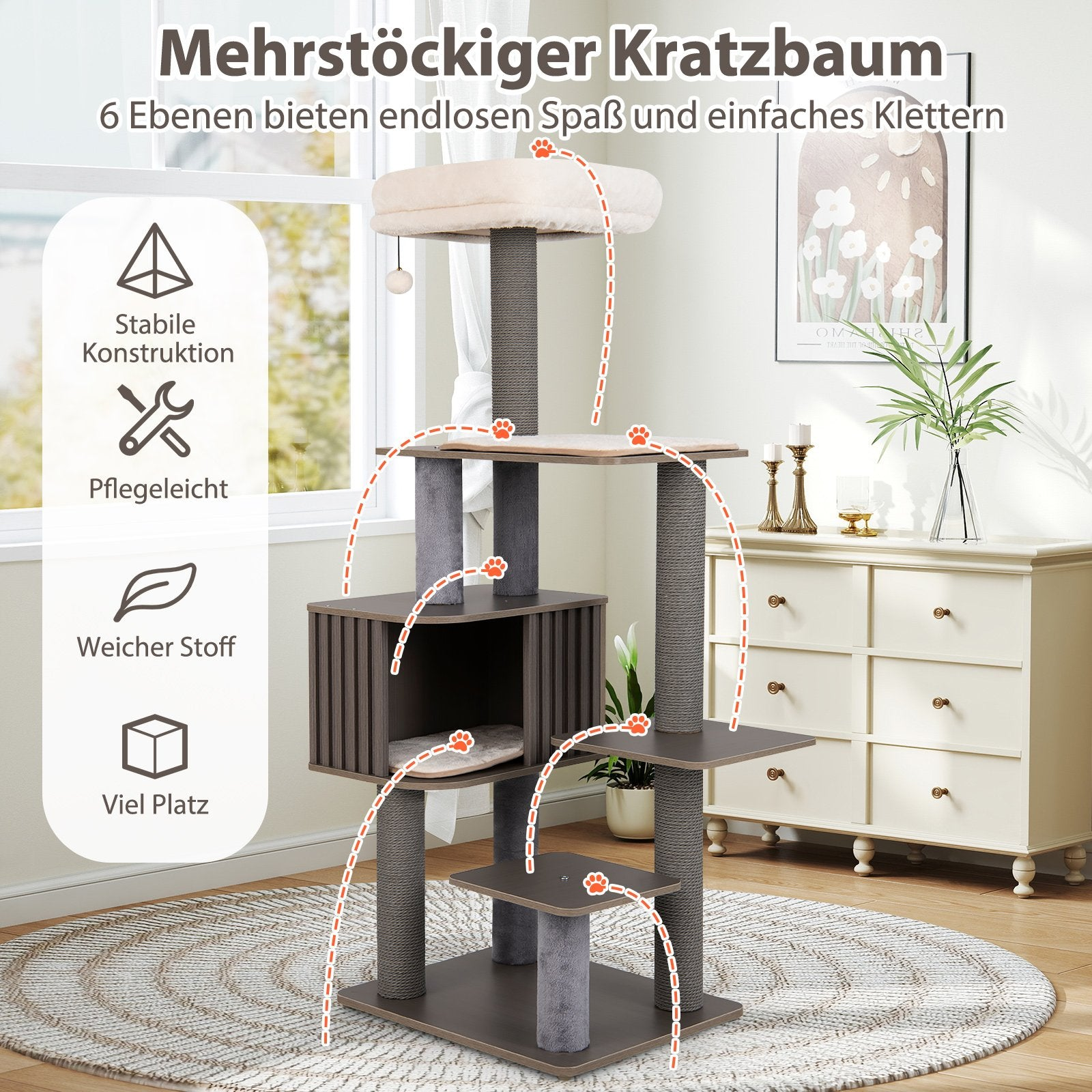 Un árbol para gatos de varios niveles con postes rascadores y plataformas. Tiene una cama superior beige y varios niveles.