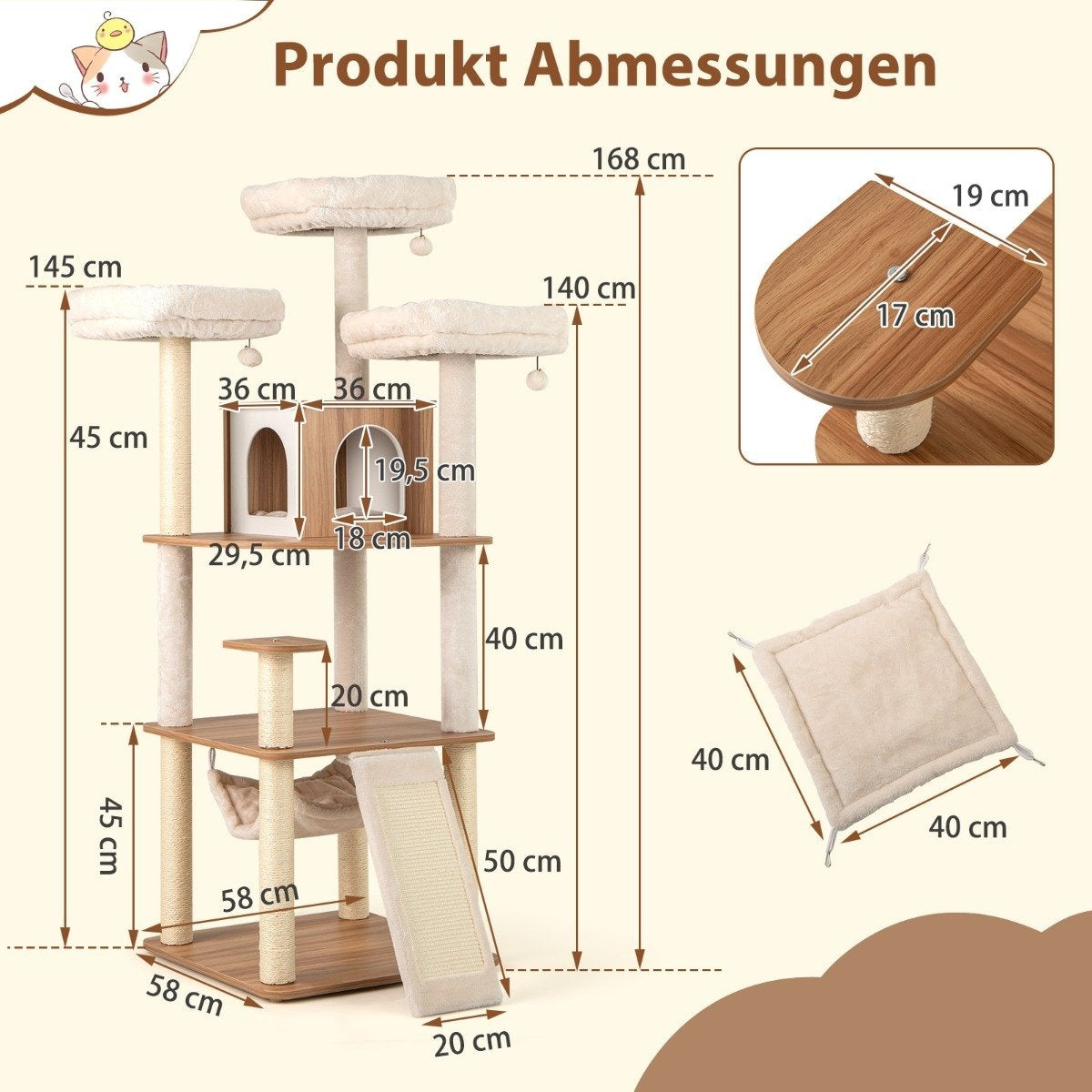Árbol para gatos con plataformas, rampa y hamaca. Las medidas están en cm. El fondo es de color crema.