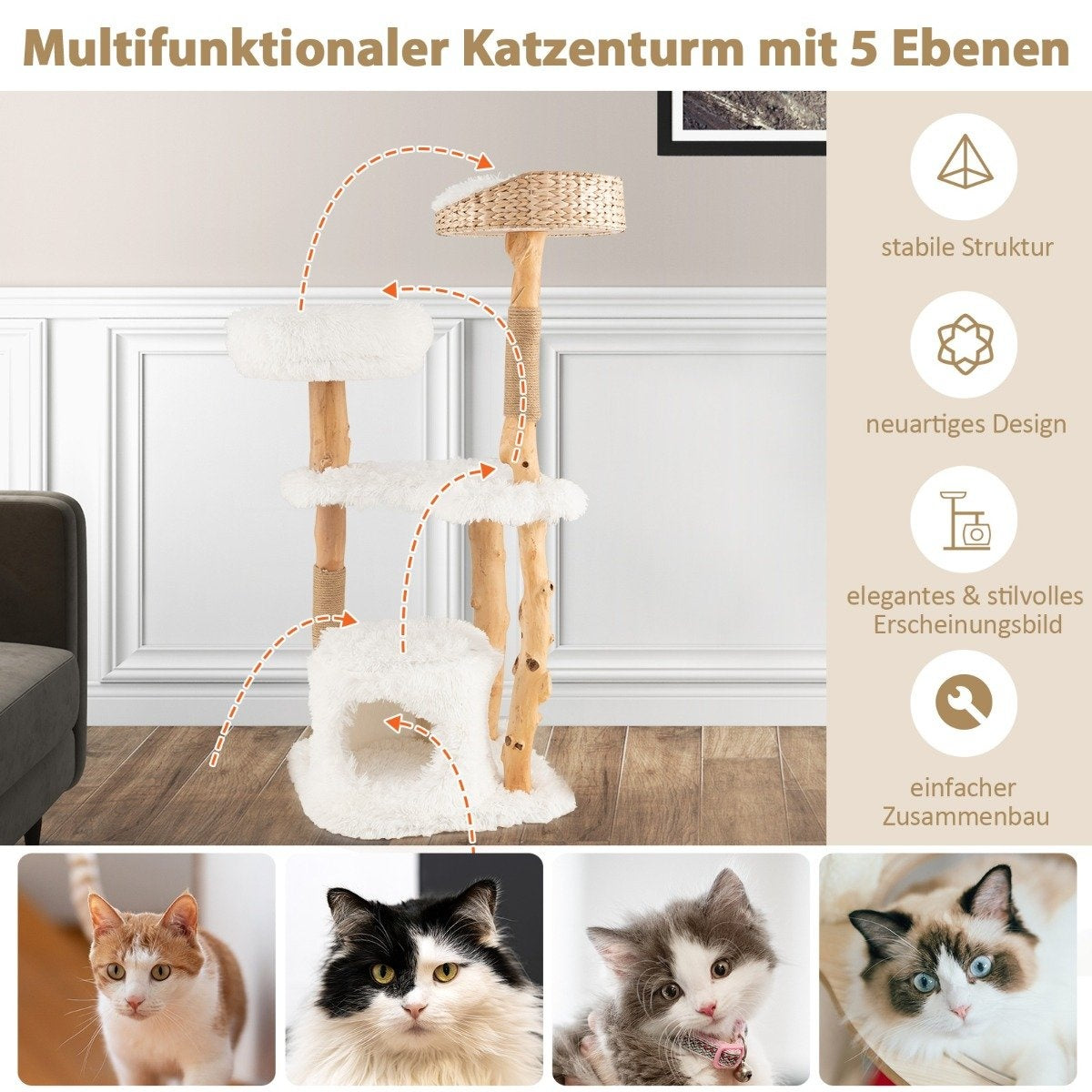 Árbol para gatos con 5 niveles. Incluye una parte superior tejida, plataformas de felpa y una casa para gatos. Cuatro caras de gato abajo.