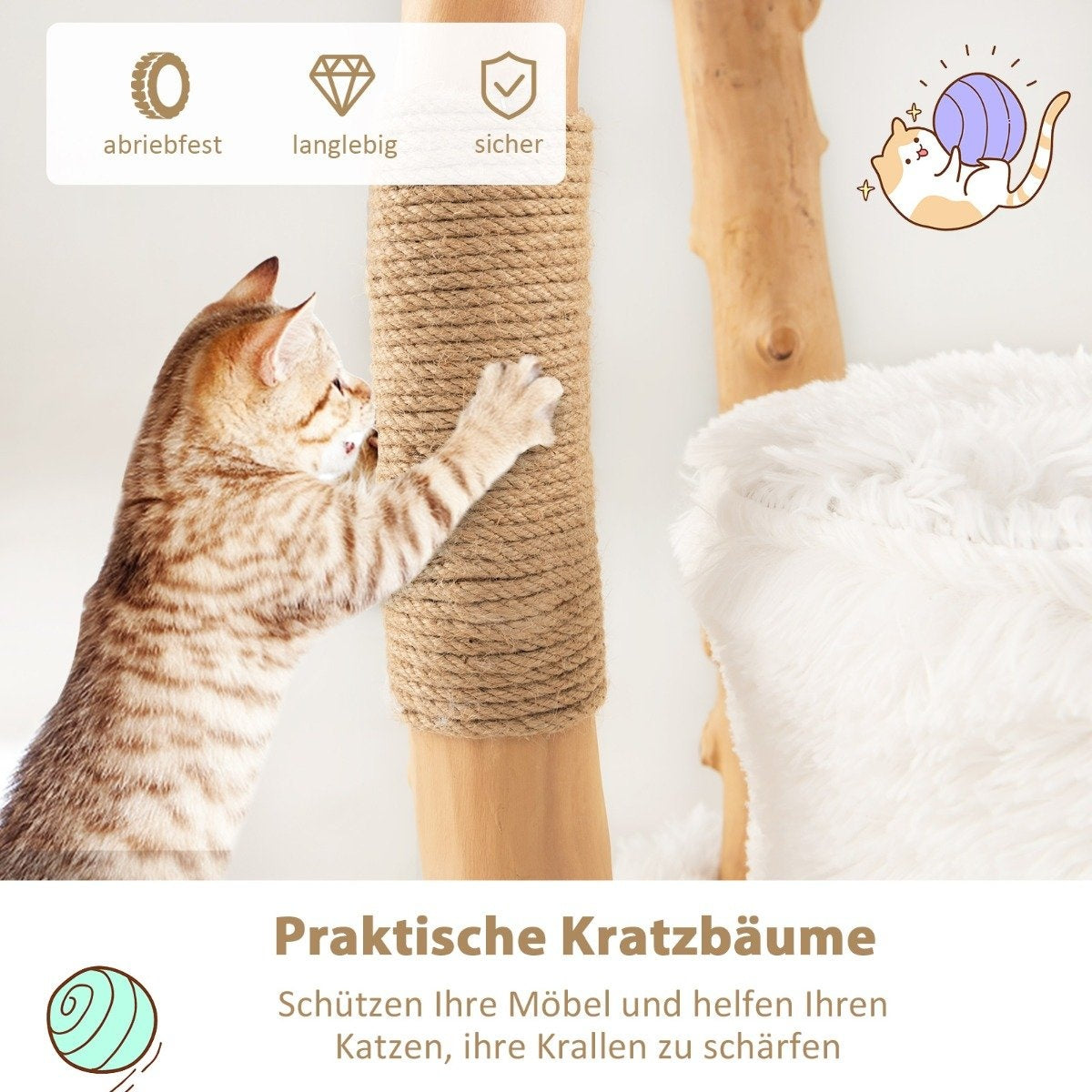 Un gato arañando un poste de sisal. Se ve una cama blanca y esponjosa y un dibujo de un gato jugando con una pelota.