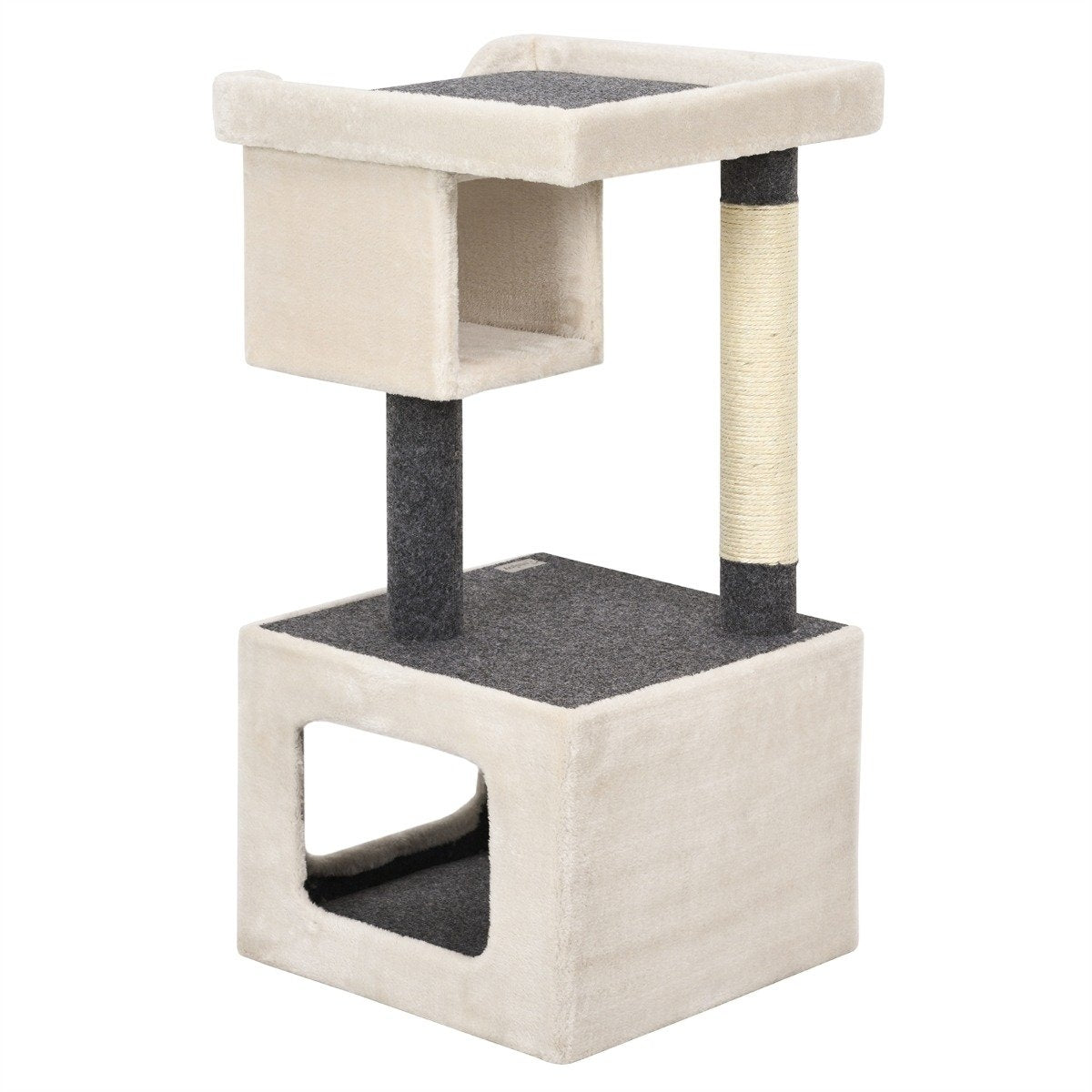 Un árbol para gatos beige con múltiples niveles, un cubículo y postes para rascar. Alfombra gris acentúa las plataformas. Estructura sobre fondo blanco.