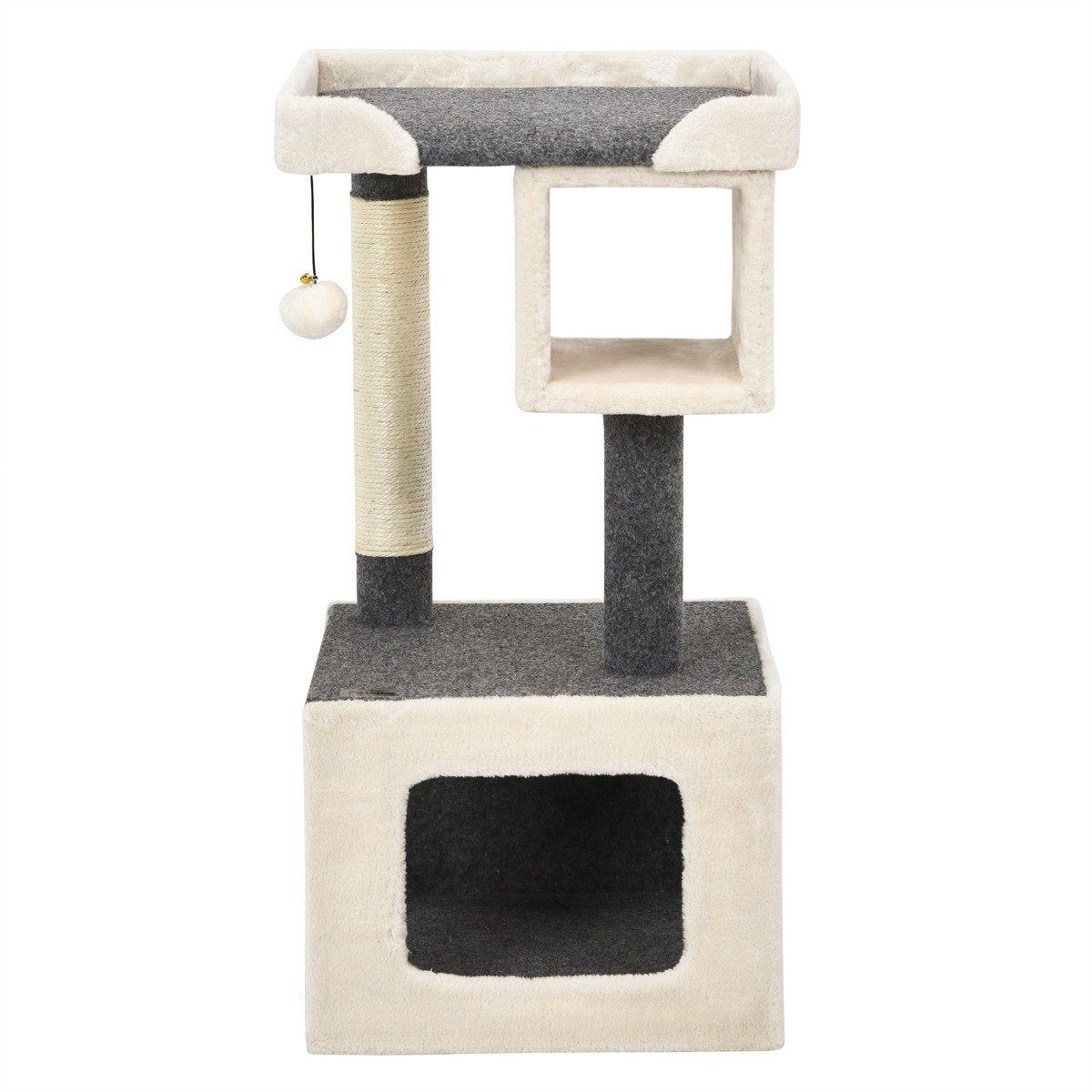 Un árbol para gatos con múltiples niveles. Tiene un exterior beige, plataformas grises, un poste rascador y un juguete colgante.