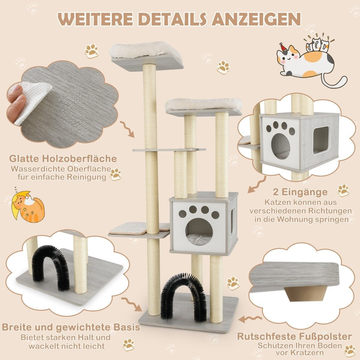 Árbol para gatos con postes rascadores, plataformas y una caseta. Incluye base ancha, superficies lisas y almohadillas antideslizantes.