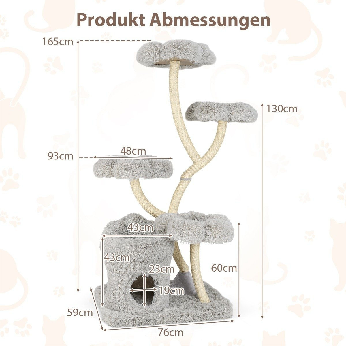 Un árbol para gatos gris con múltiples plataformas y una casa. Las dimensiones están etiquetadas en centímetros. El fondo tiene un patrón de huellas.